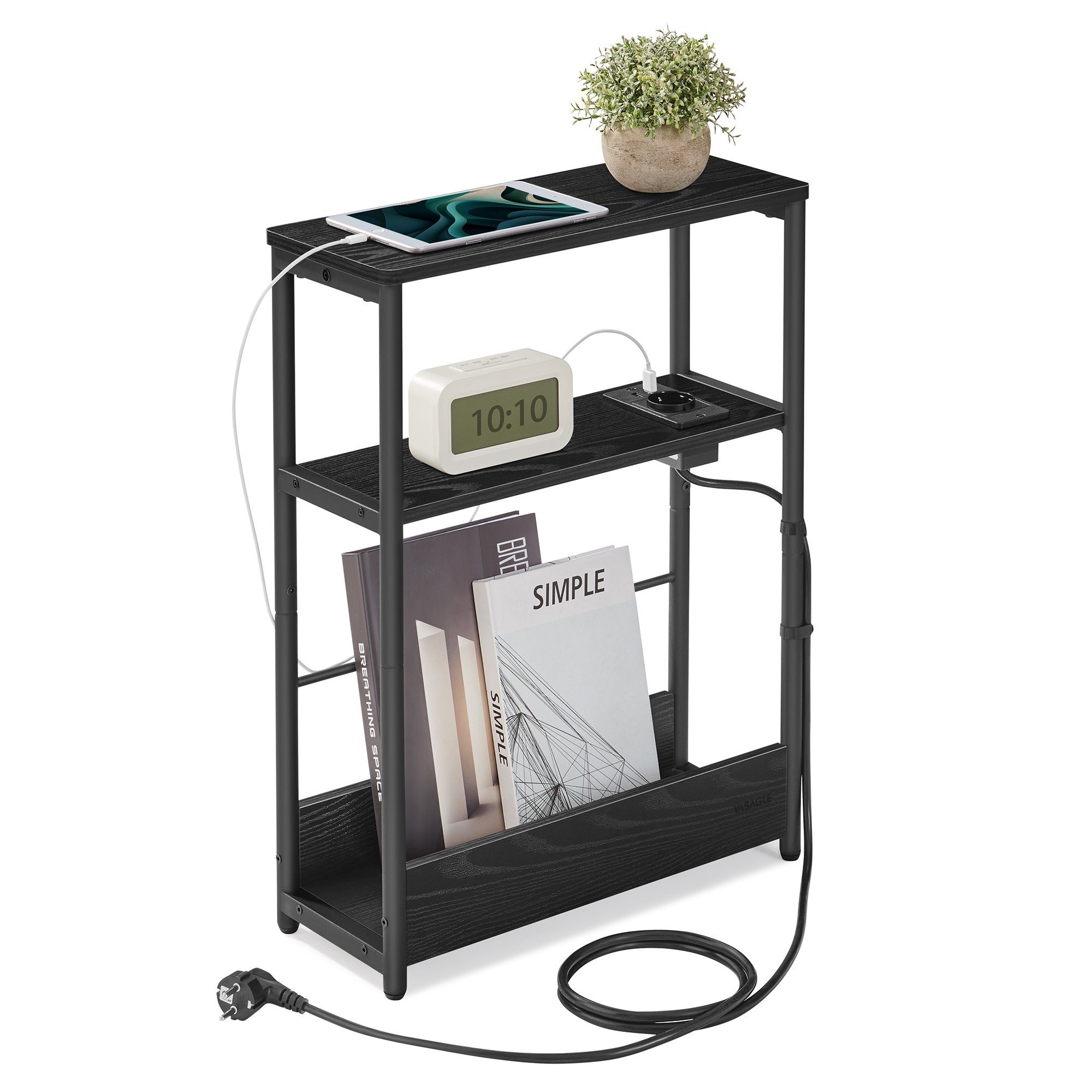 VASAGLE Beistelltisch, schmal, Nachttisch mit Ladefunktion, 3 Ablagen, Zeit günstig online kaufen