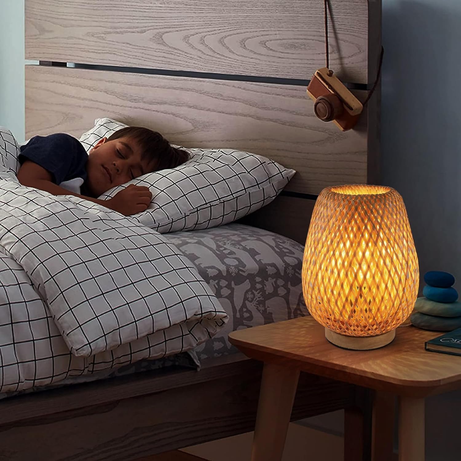 Riserva Schreibtischlampe Tischlampe Rattan Holz E27 Nachttischlampe mit Schalter