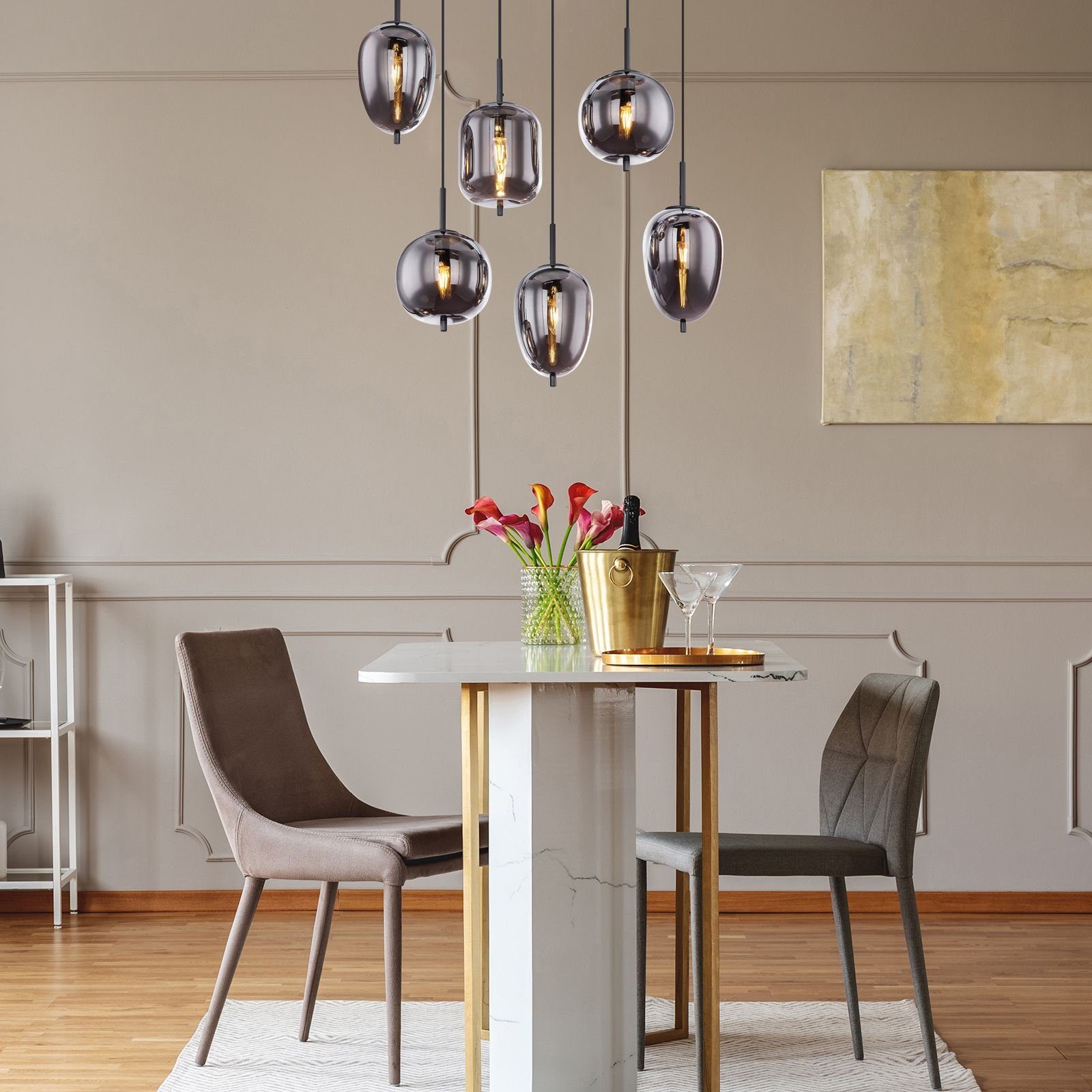 Küche, Lichtfarbe Schlafzimmer, Glaskugel, ist Glas, Hängeleuchte abhängig ohne 6 Pendellampe, vom Metall, modern, Flur Globo Esszimmer, Glas Hängelampe Pendelleuchte, Globo Hängeleuchte Flammig rauch Leuchtmittel, Leuchtmittel, Wohnzimmer