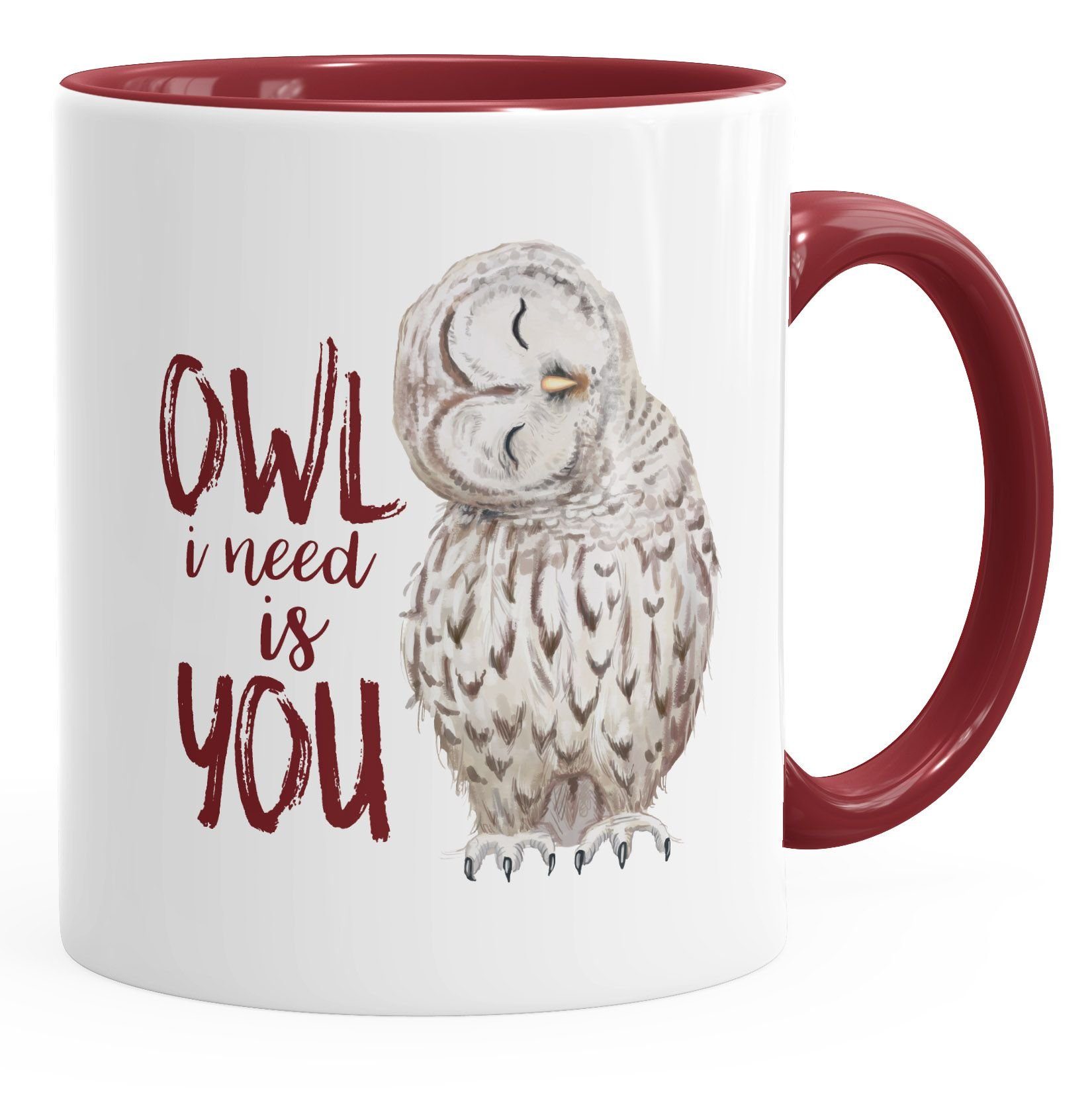 MoonWorks Tasse Kaffee-Tasse Eule Owl I need is you Liebe Spruch Geschenk Valentinstag Weihnachten Ehe Partnerschaft MoonWorks®, Keramik bordeauxrot