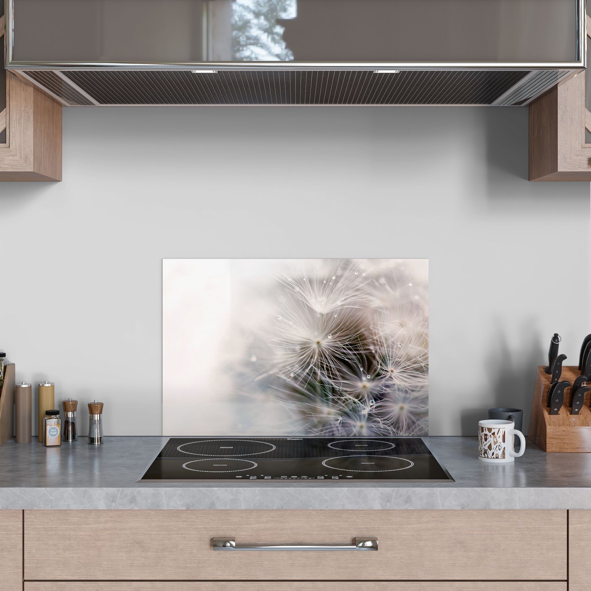 Glas Badrückwand Pusteblume', 'Detailaufnahme DEQORI Spritzschutz Küchenrückwand Herdblende
