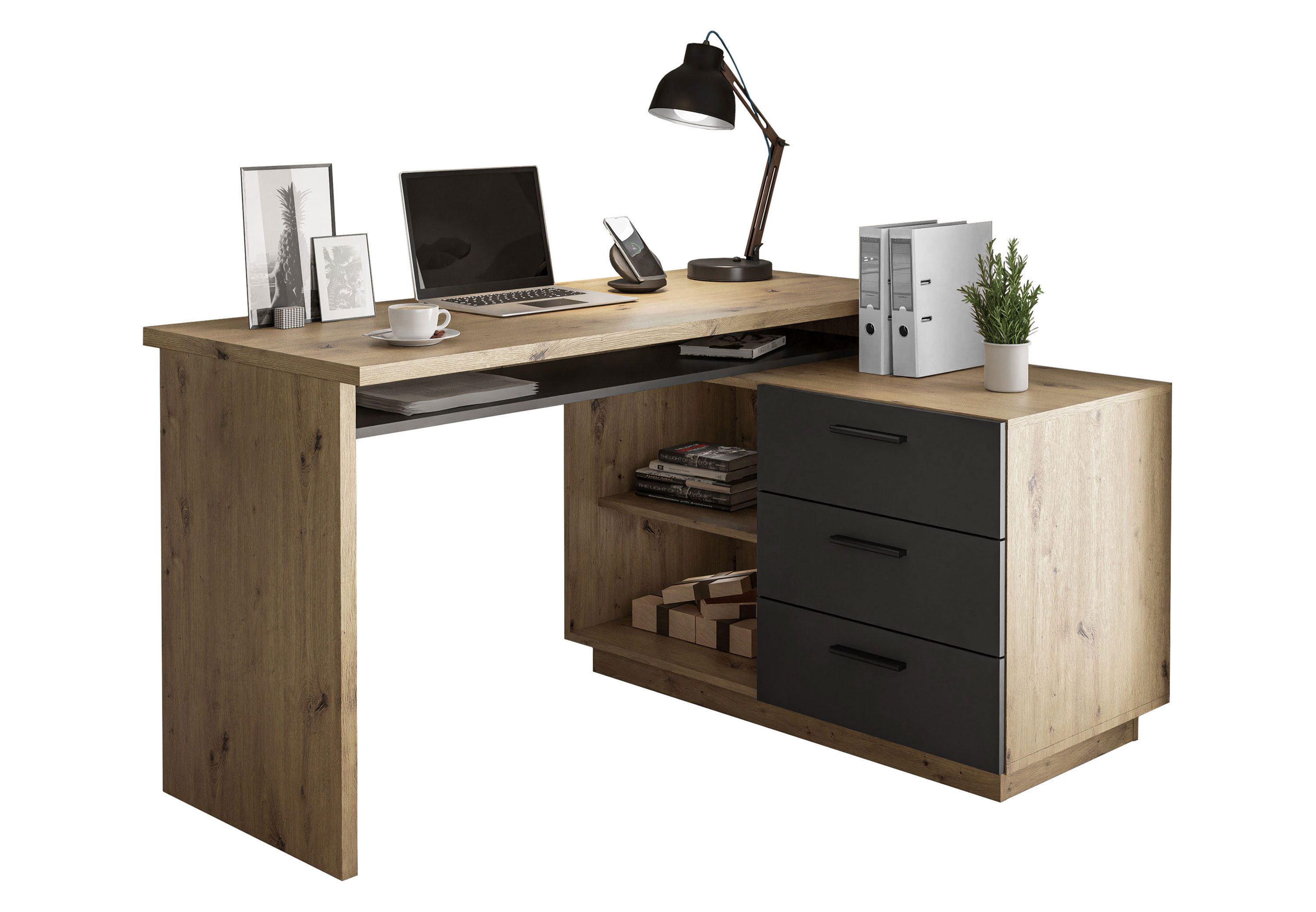 Lookway Eckschreibtisch CHIA Eiche Artisan Graphit, Breite: 138 cm