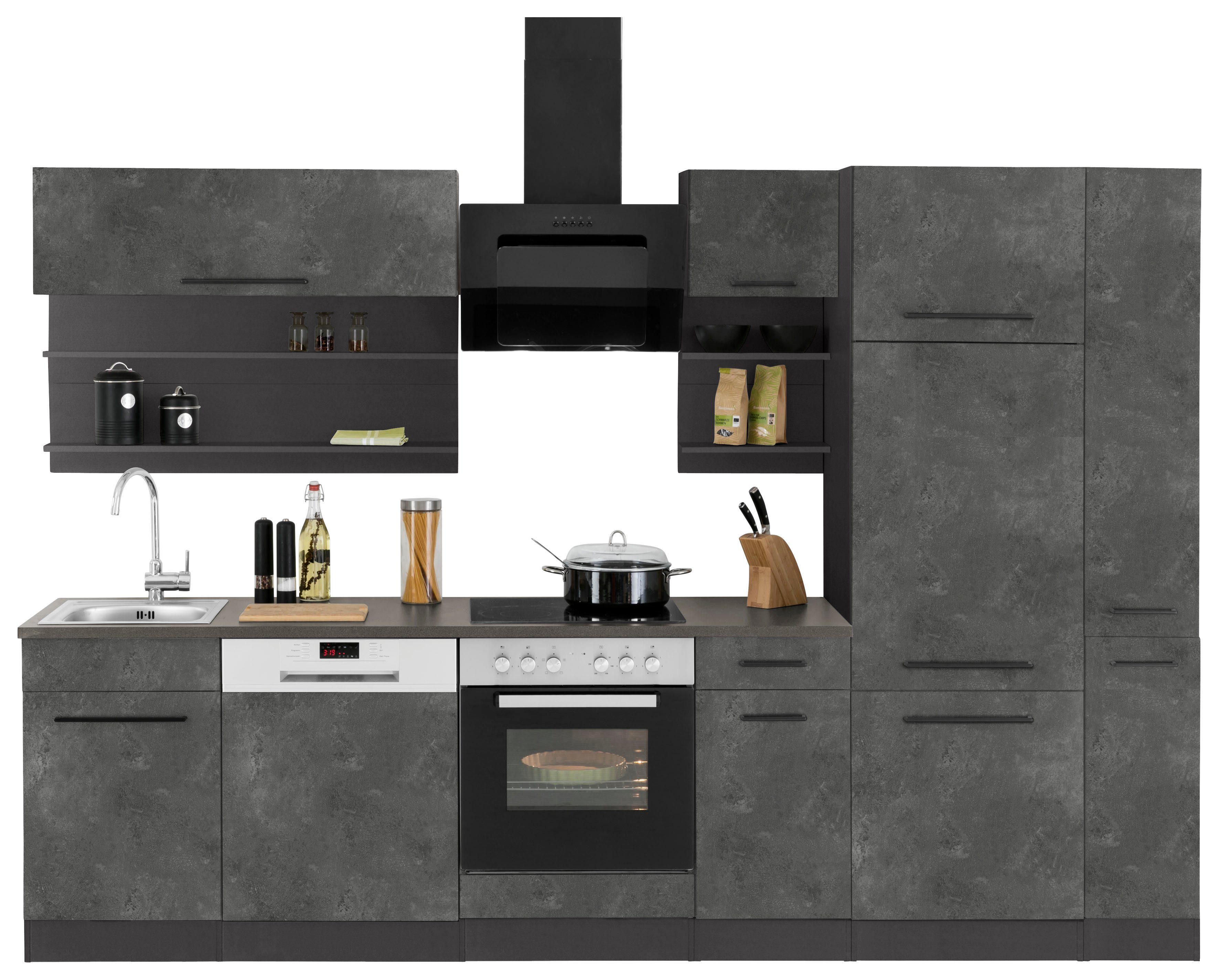 KOCHSTATION Küchenzeile KS-Tulsa, ohne E-Geräte, Breite 300 cm, schwarze Metallgriffe, MDF Fronten