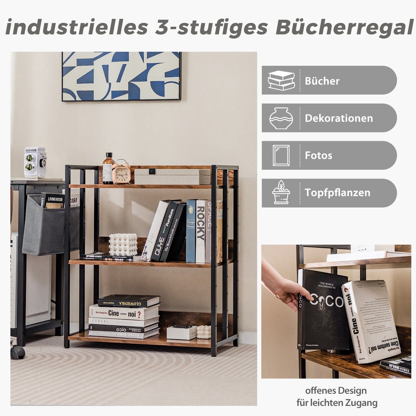 COSTWAY Bücherregal, 3 Ebenen, mit verstellbaren günstig online kaufen