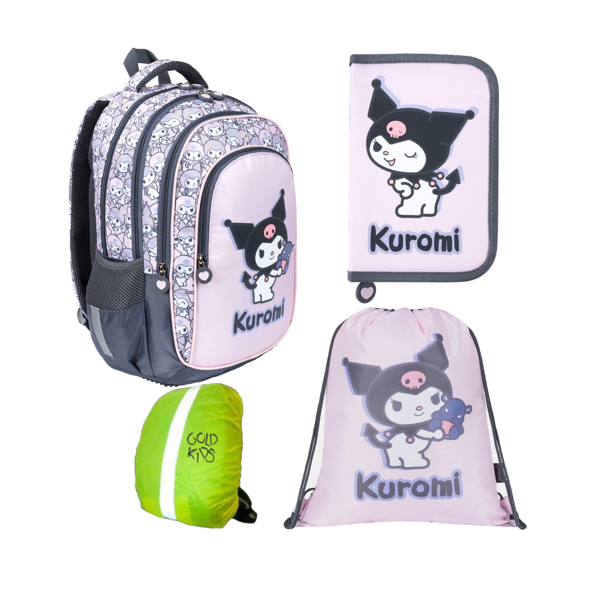GOLDKIDS Schulranzen für Jungen und Mädchen, 4er-Set - (Schul-Rucksack für Kinder mit Federmäppchen -, Schuhbeutel und Regenschutz), - Kuromi Motiv