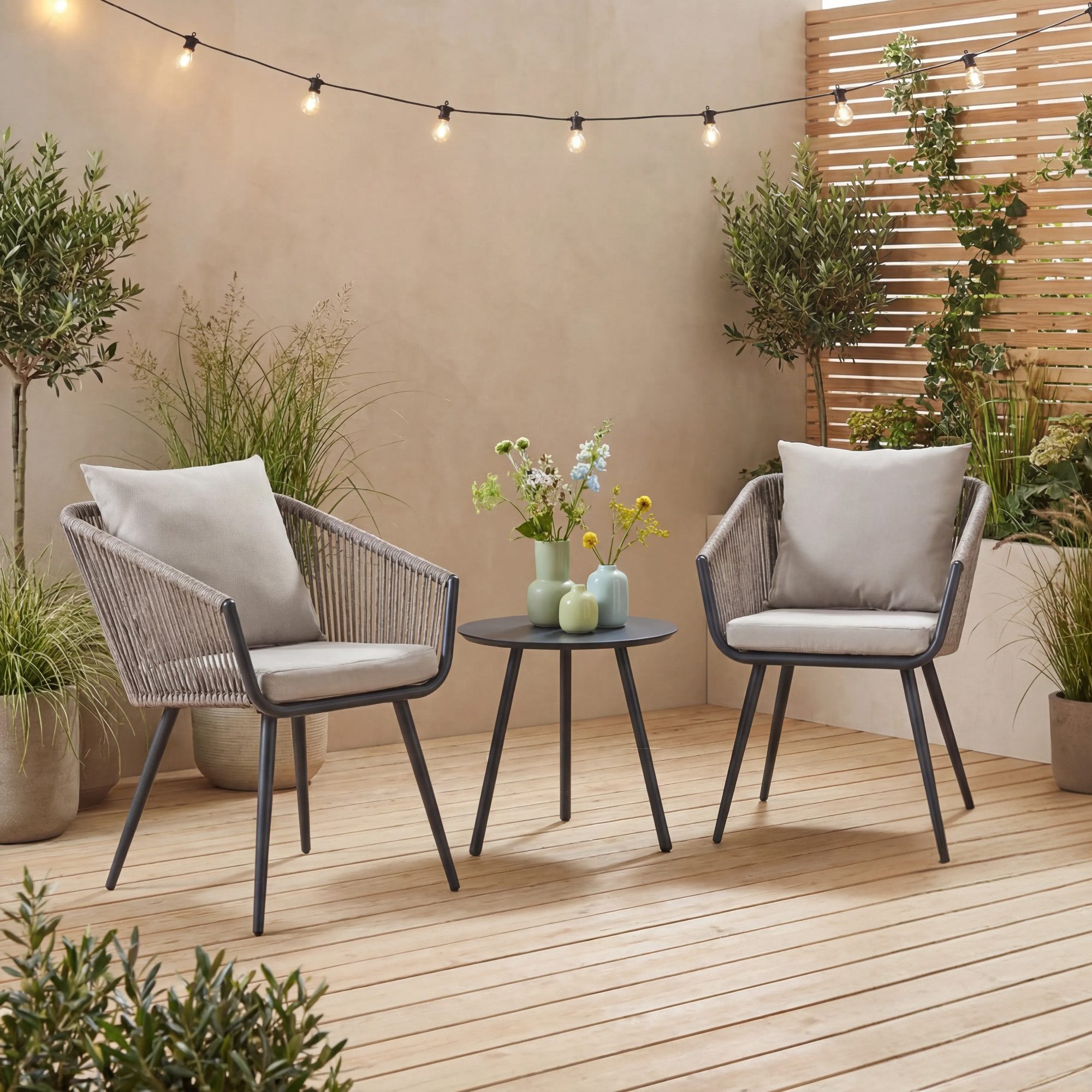 casa.pro Balkonset, (Set, 3-tlg., 1 Tisch, 2 Stühle), »Abriola« 3-tlg. mit Kissen Metallgestell Seilgeflecht Grau