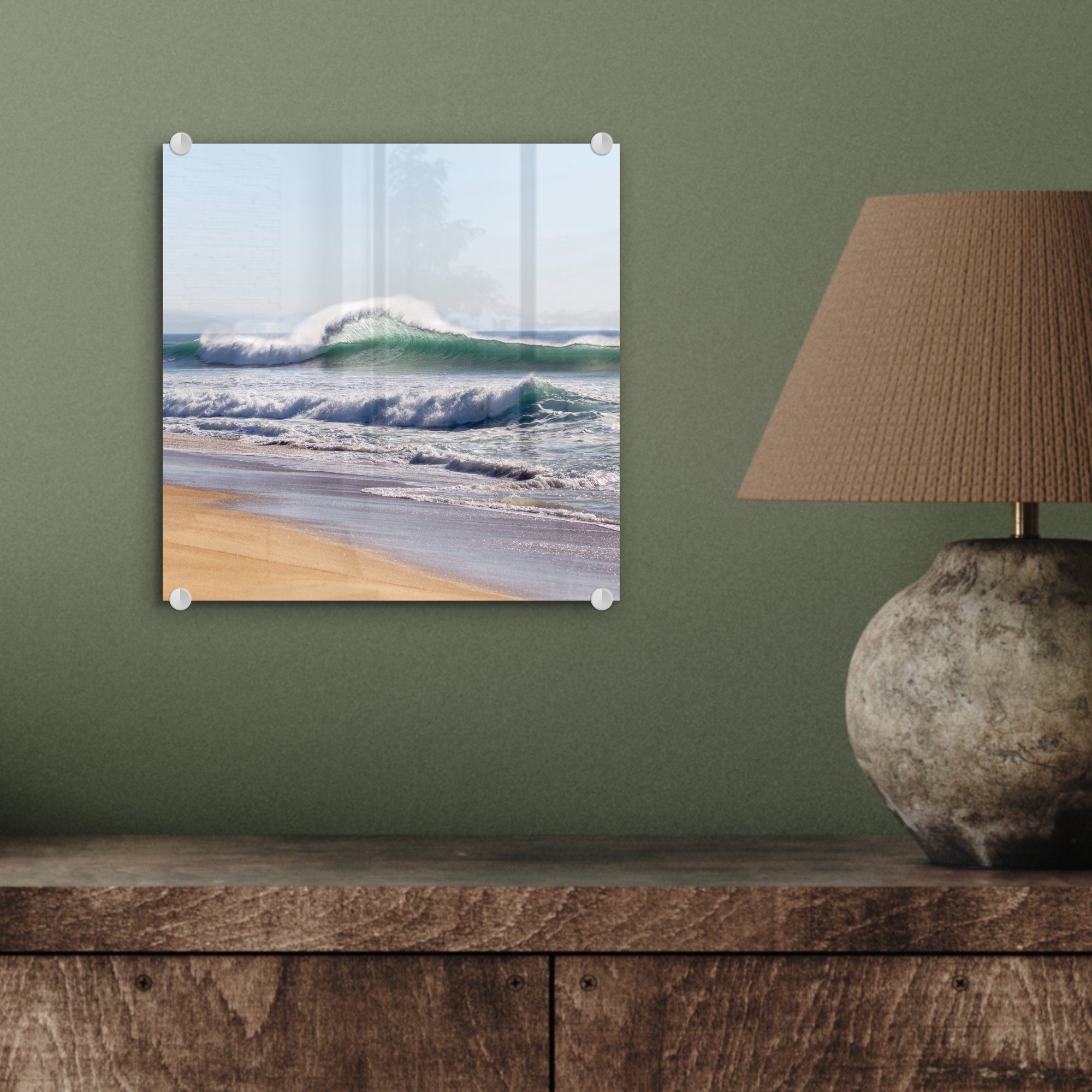 Glasbilder - St), MuchoWow - Wanddekoration - Meer, Wandbild Acrylglasbild Wellen auf auf (1 Glas Strand - - Foto Bilder Glas