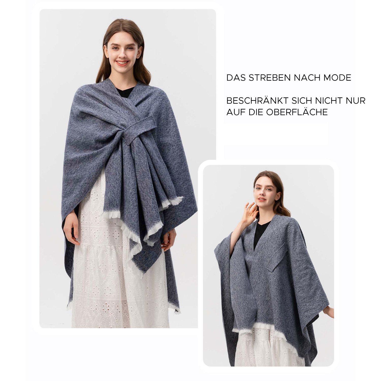 Refttenw Poncho Diagonal gebundener Schlitzumhang mit Quasten,Poncho Damen Winter