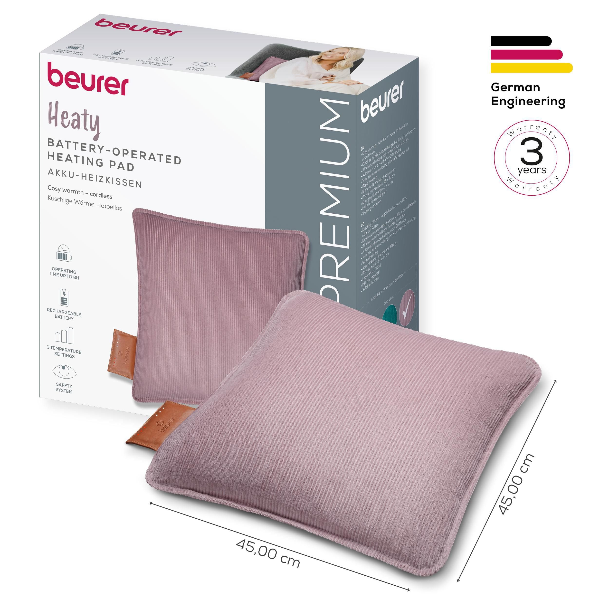 BEURER Heizkissen HK 77 Heaty, kabellos, Stylisches Design mit modernem Cordstoff, 3 Temperaturstufen, 45x45 cm