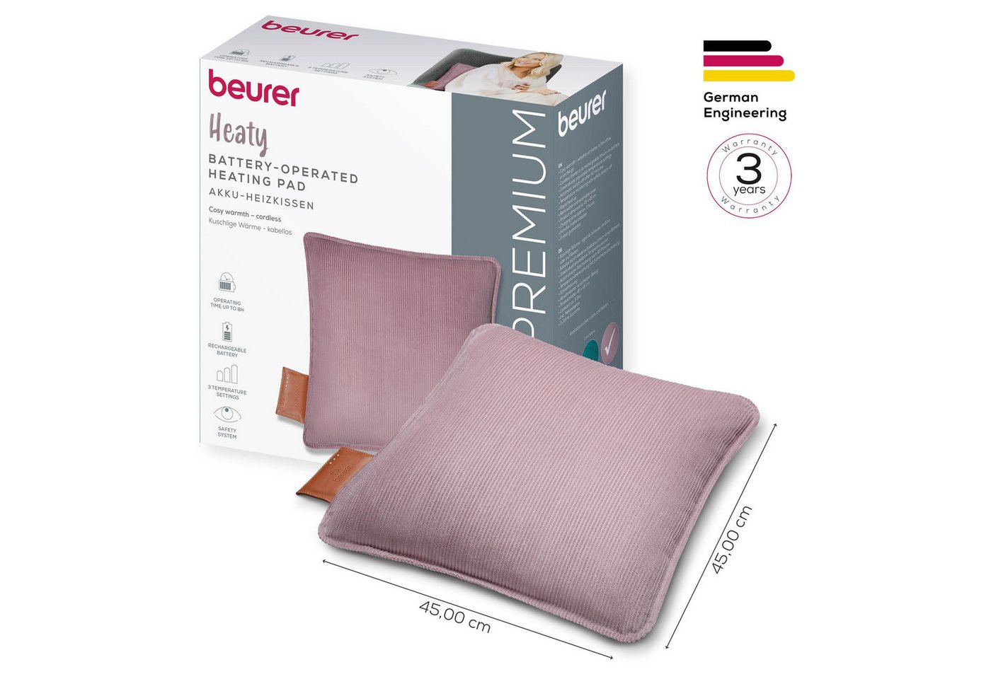 BEURER Heizkissen HK 77 Heaty, kabellos, Stylisches Design mit modernem Cordstoff, 3 Temperaturstufen, 45x45 cm