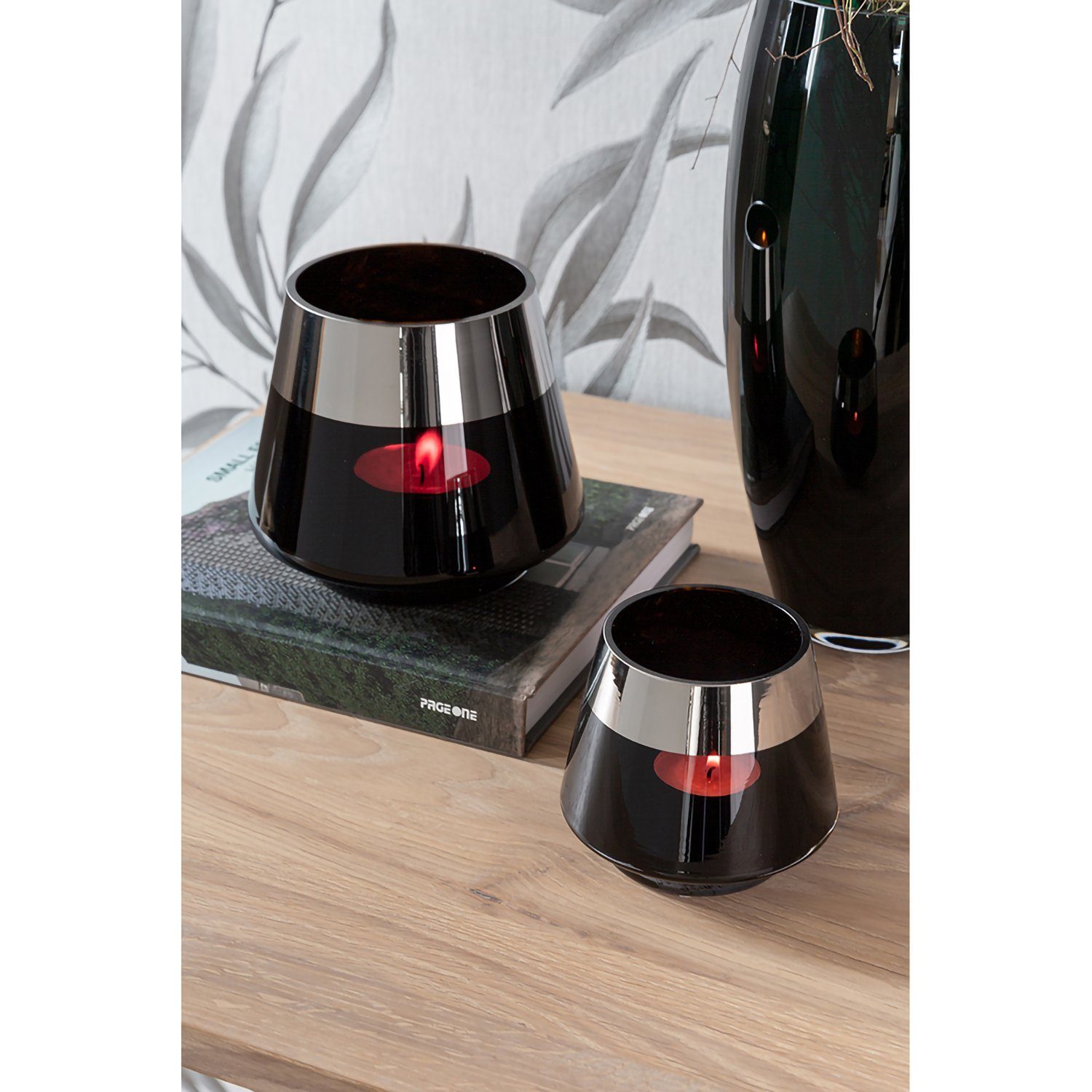 Fink Teelichthalter JONA - Windlicht - Schwarz aus Glas - H. 9cm - Kerzenha günstig online kaufen