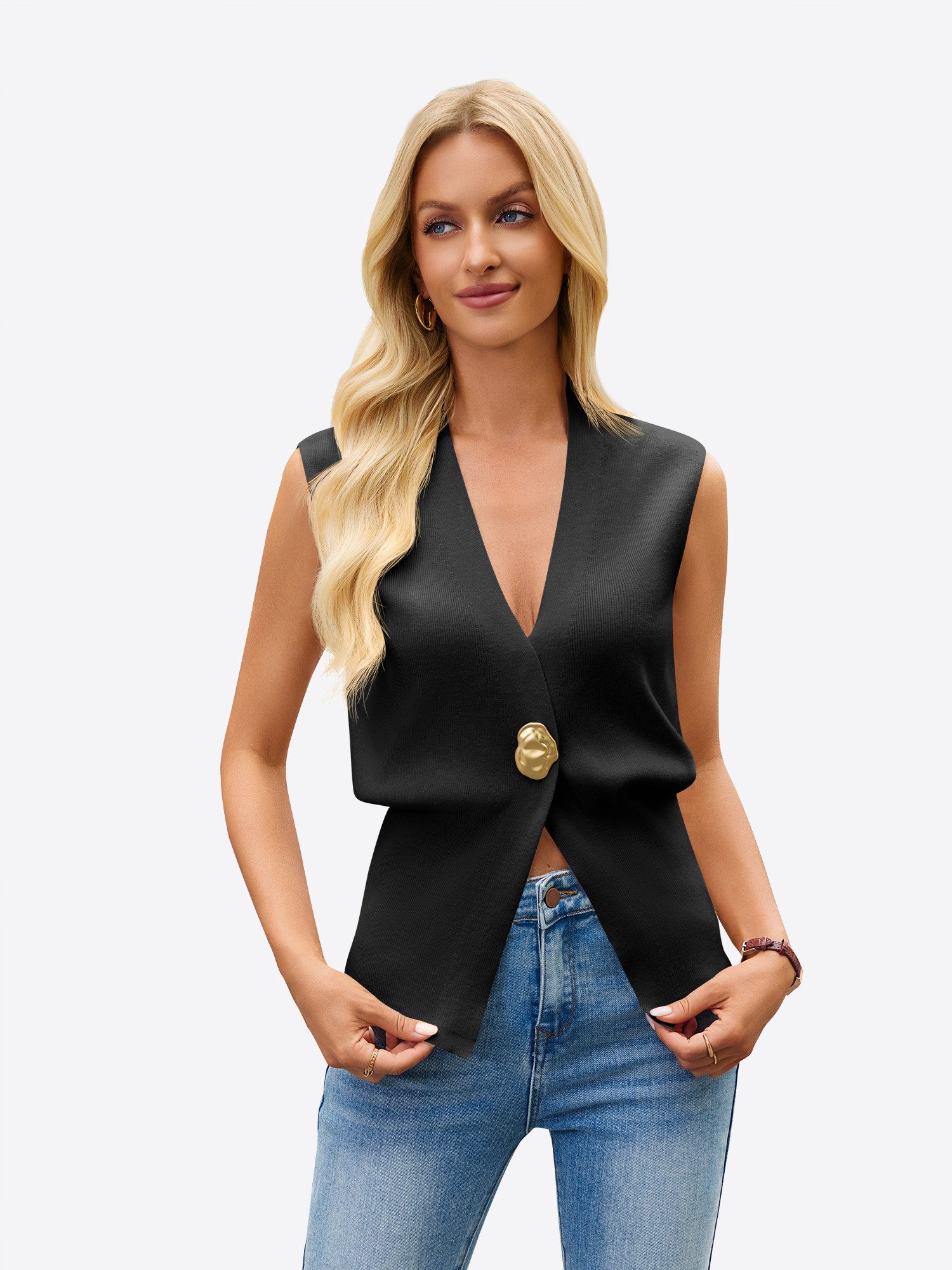 Imily Bela Strickweste Damen ärmellos mit V-Ausschnitt Knopf-Dekoration Elegant (Packung, 1-tlg., 1per-Pack) in Unifarbe – Bild 4 von 5