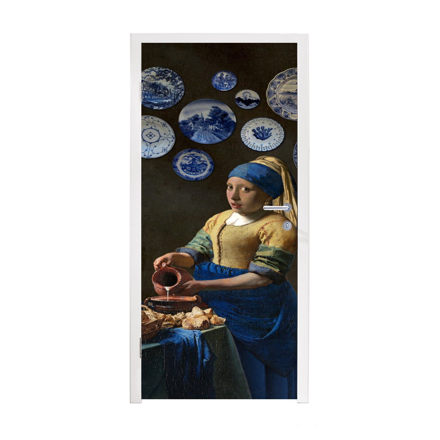 MuchoWow Türtapete Mädchen mit Perlenohrring - Milchmädchen - Delfter Blau, Matt, bedruckt, (1 St), Fototapete für Tür, Türaufkleber, 75x205 cm