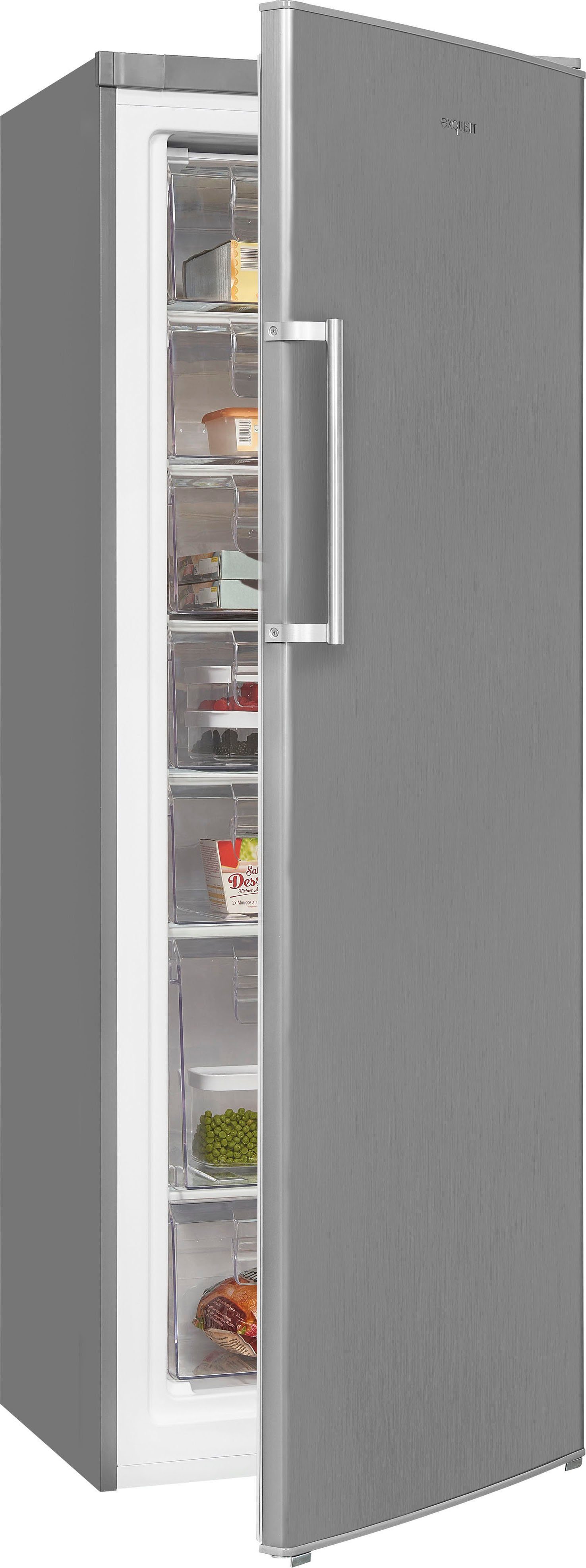 exquisit Gefrierschrank GS280-H-040E inoxlook, 173 cm hoch, 60 cm breit, 4*-Gefrierschrank mit praktischem Griff – leicht & bequem zu öffnen
