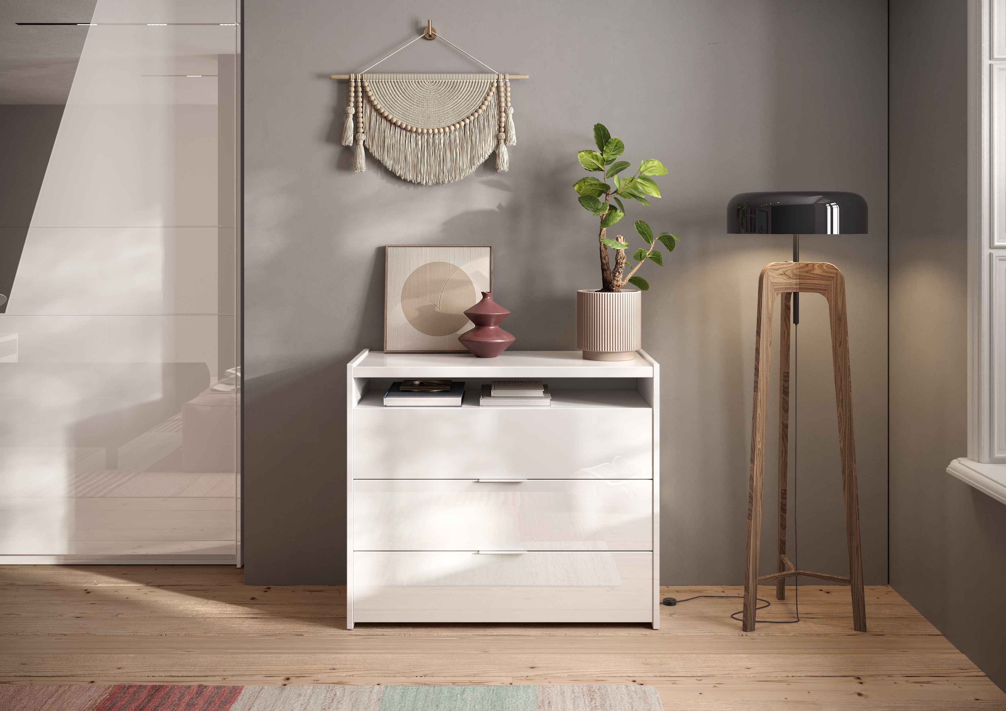 Home affaire Kommode Malmo, Schubkastenkommode B/T/H 111/50/95 cm, mit 3 Schubkästen, offene Ablage, Top 22 mm stark, Metallgriff, Weiss Hochglanz Lack