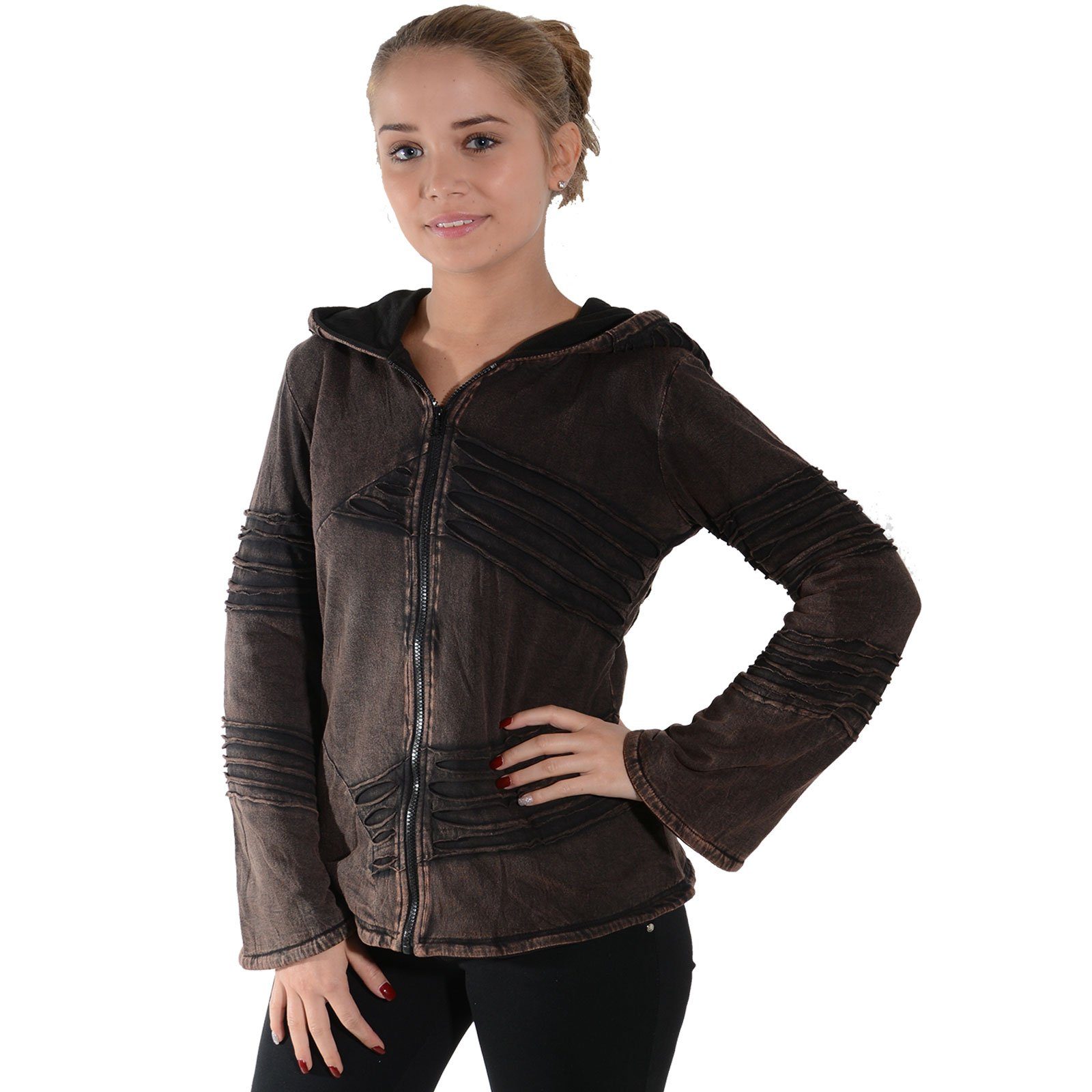 Fleecefutter Damen UND Kunst& MAGIE Sommerjacke Magie Braun KUNST Jacke+Zipfelkapuze Stonewashed Hippie