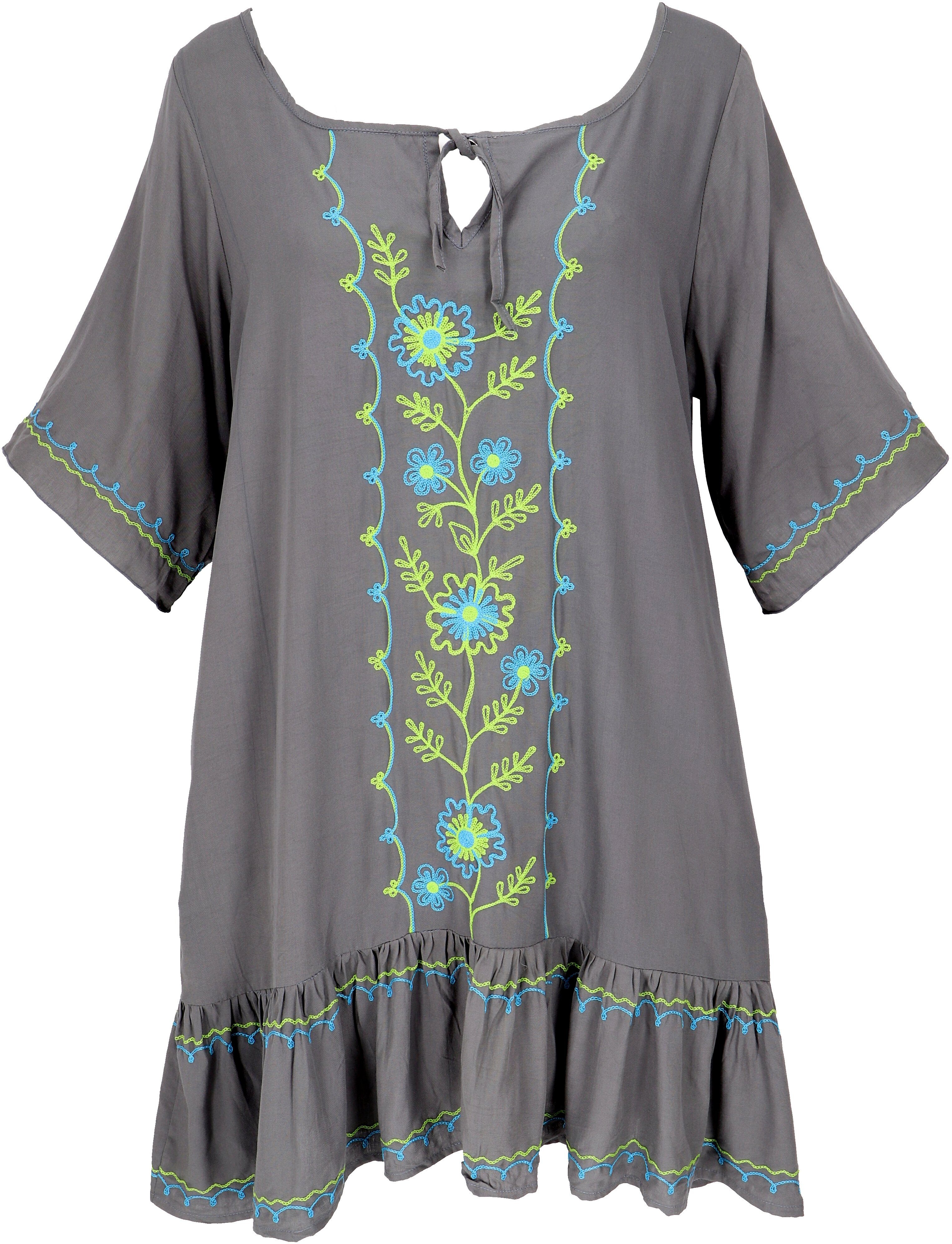 Guru-Shop Midikleid Bestickte Hippie Tunika, Boho Strandkleid,.. alternative Bekleidung grau