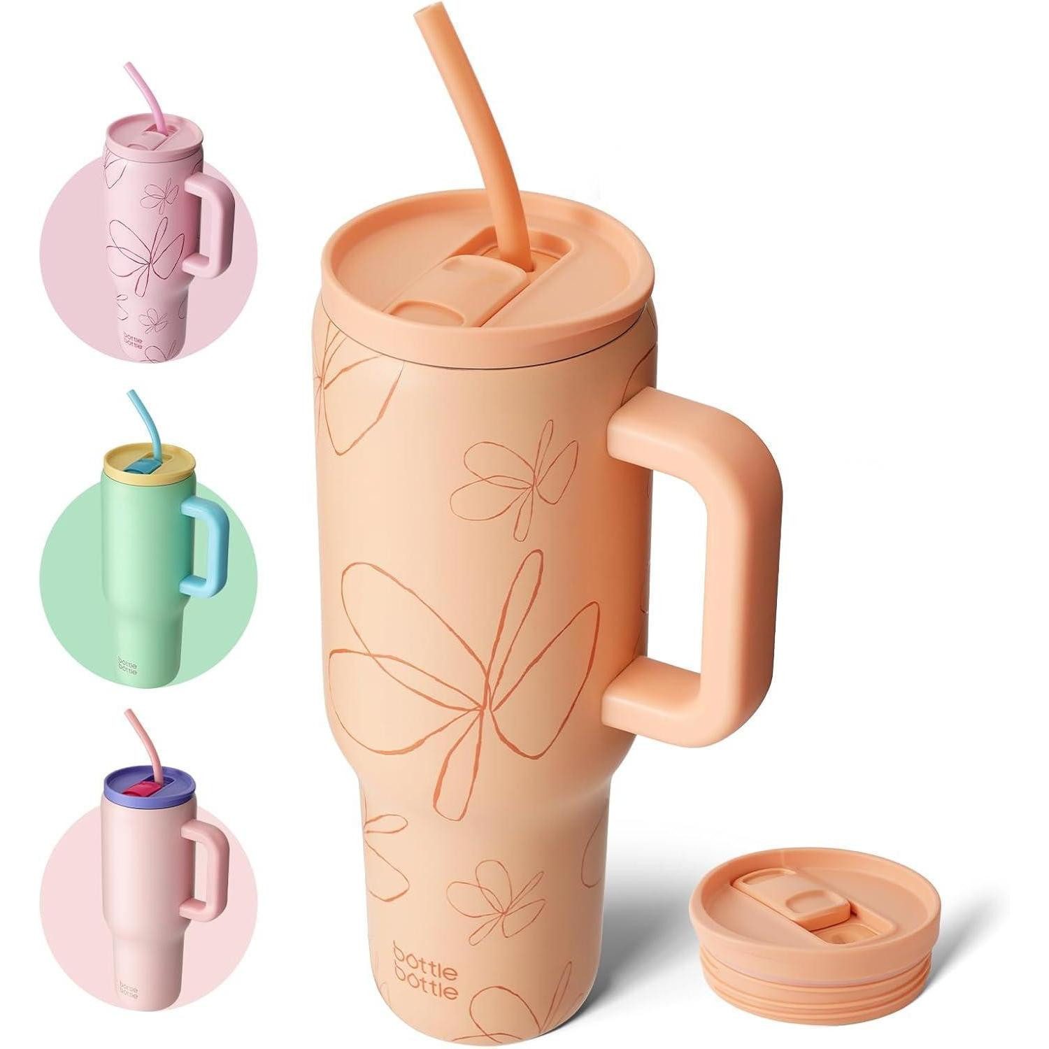 LuxusKollektion Thermobecher Thermobecher Edelstahl 1.2L Griff Strohhalm BPAfrei Gelbe Blumen