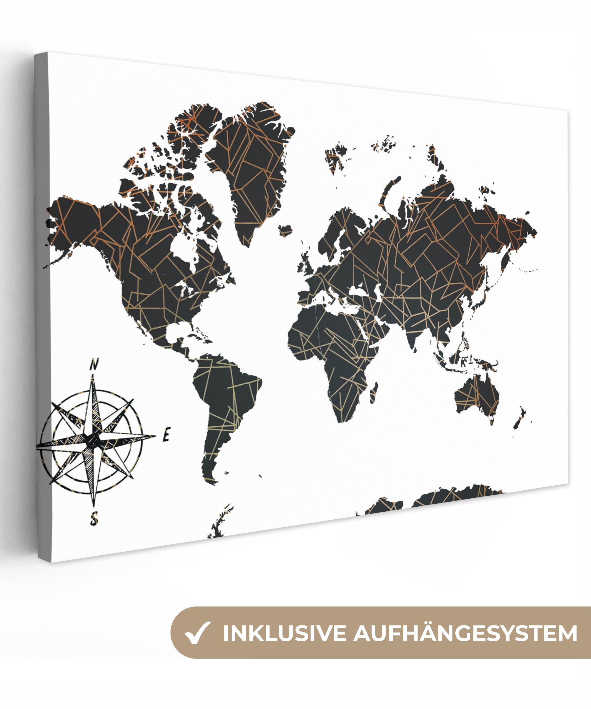 OneMillionCanvasses® Leinwandbild Weltkarte - Schwarz - Weiß - Kupfer, (1 St), Wandbild Leinwandbilder, Aufhängefertig, Wanddeko, 30x20 cm