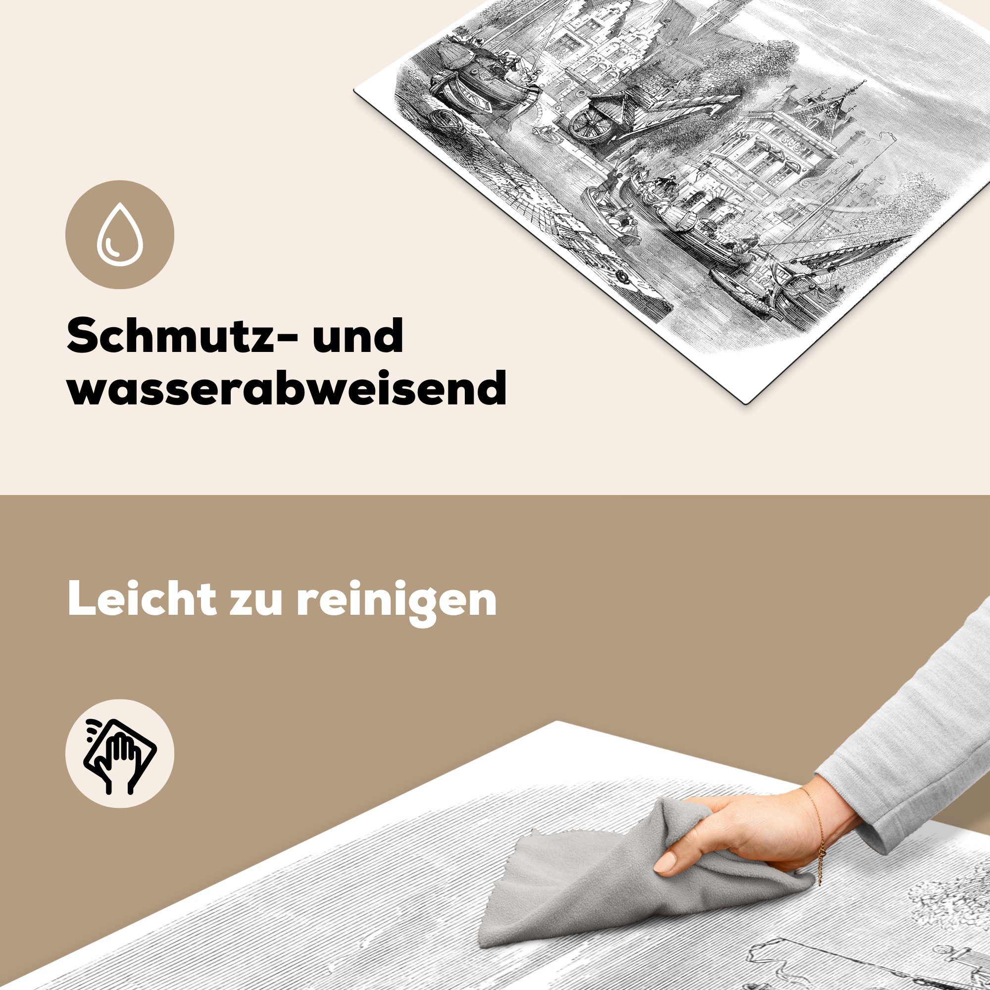 MuchoWow Herdblende-/Abdeckplatte Schwarz-Weiß-Illustration des Getreidemarktes (1 Vinyl, 60x52 tlg), in Haarlem, nutzbar, cm, Ceranfeldabdeckung Mobile Arbeitsfläche