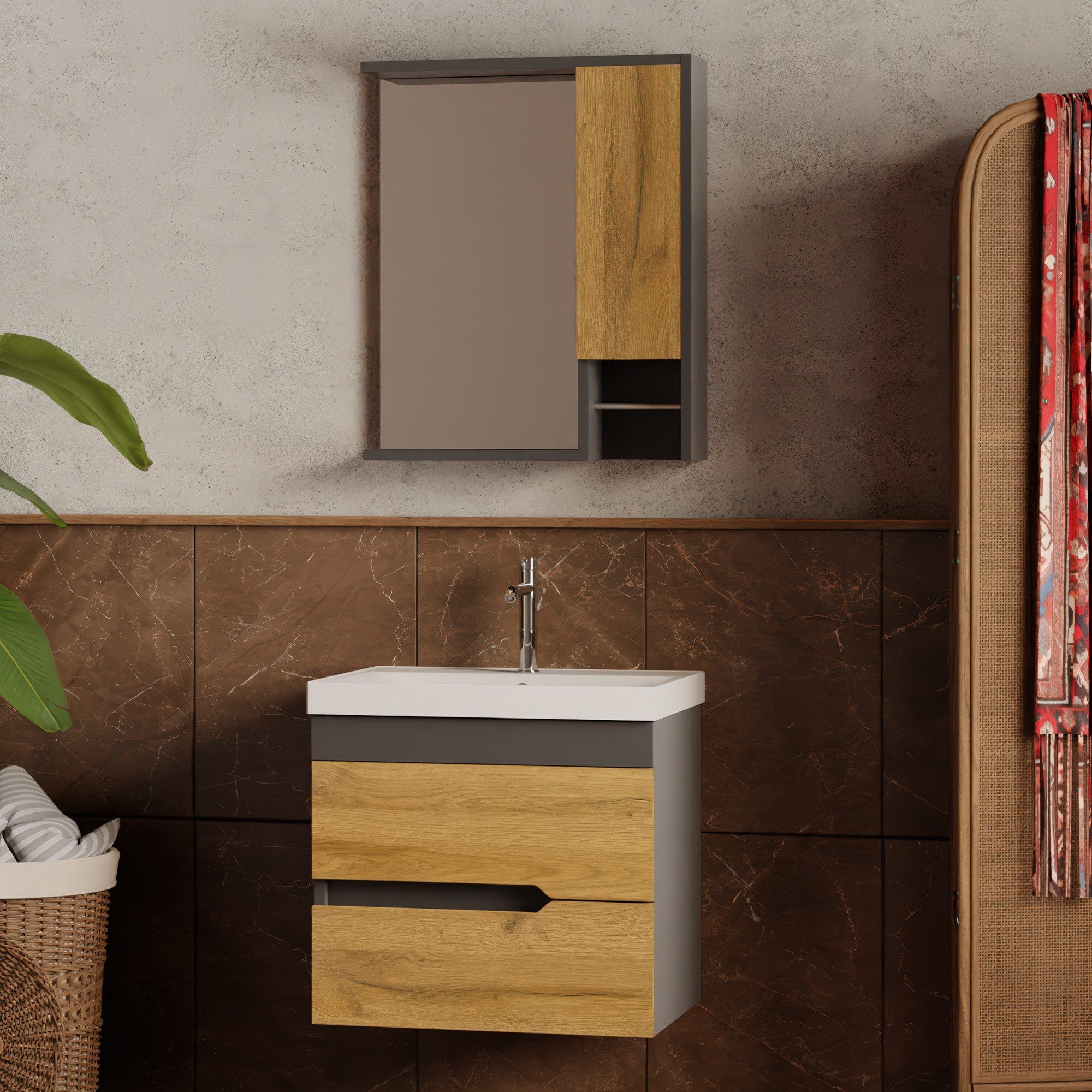 Karen Badmöbel-Set Badmöbel Set Marmara, (3-St., Unterschrank mit Schubladen, Spiegel mit Regalen, Keramikwaschbecken), Innovatives Design, MDF Lam, Softclose, Funktionalität