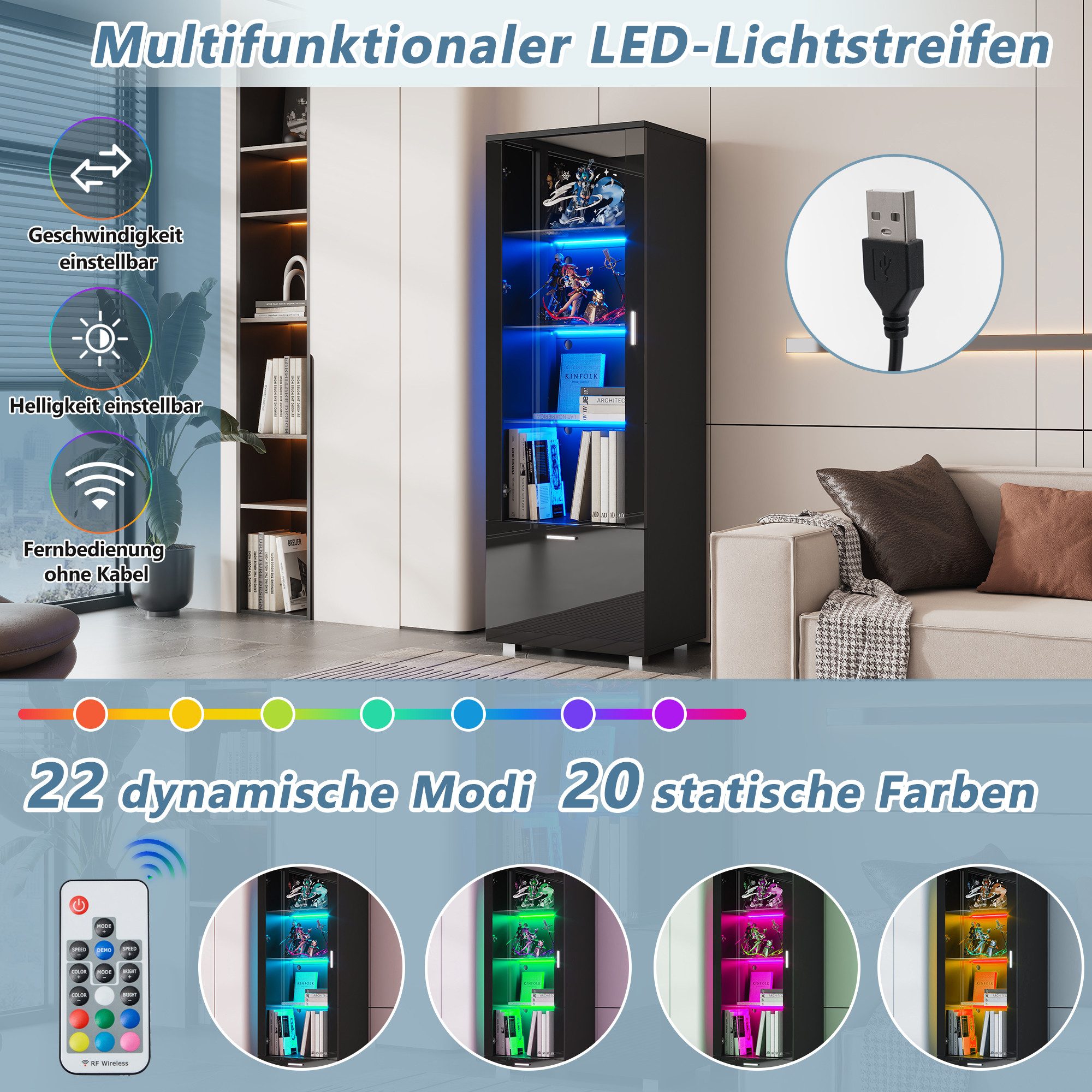 Merax Standvitrine hochglanz Vitrine mit LED-Beleuchtung (1-St., Schrank Hochschrank) Glasvitrine mit Acryl-Glastüren,3 Glasböden & Stauraumfach,40x50x160cm – Bild 4 von 5
