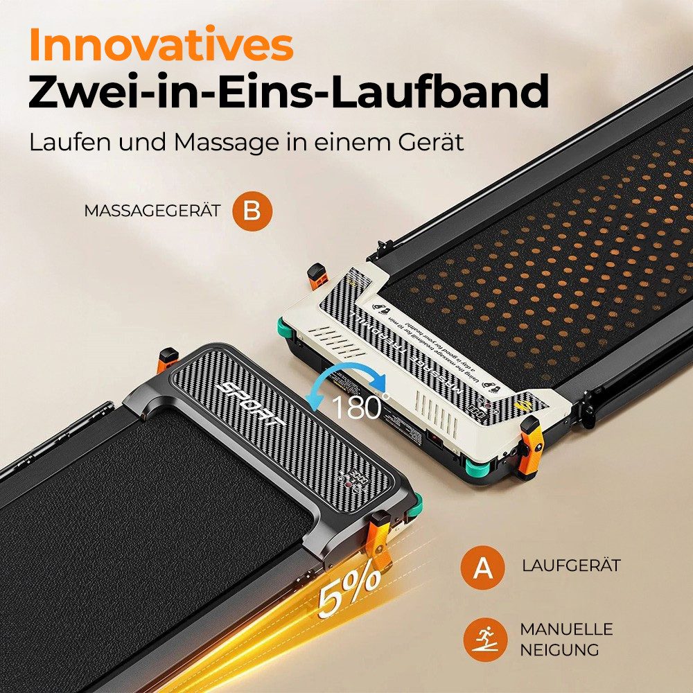Akluer Laufband 520A-B Doppelseitiges Laufband mit Griff, 2,5-PS-Motor, 1-10 km/h, Max.4 mph, manuelle Neigungsverstellung&Fußmassagegerät, bis 150 kg