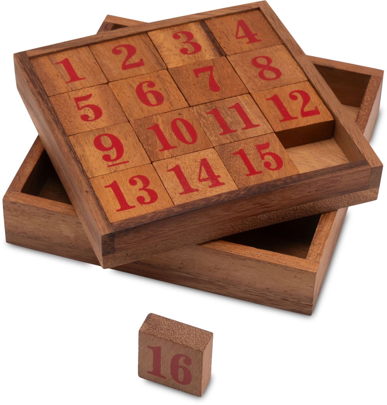 LOGOPLAY Spiel Slide 15 rot, Gesellschaftsspiel, Slide 15 – Schiebespiel mit roten Zahlen aus Holz für 1 Spieler
