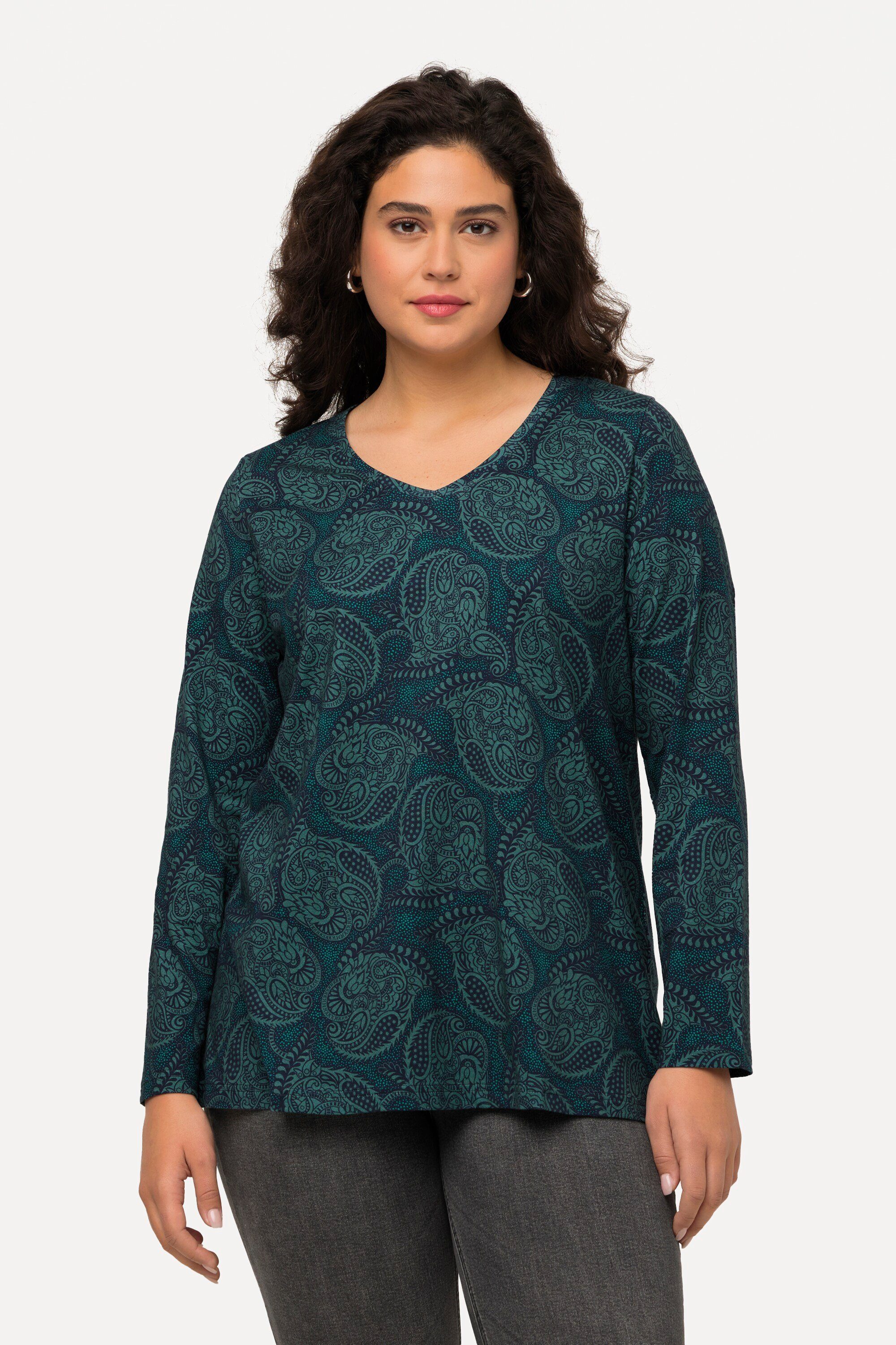 Ulla Popken Longshirt T-Shirt Paisleymuster V-Ausschnitt Langarm