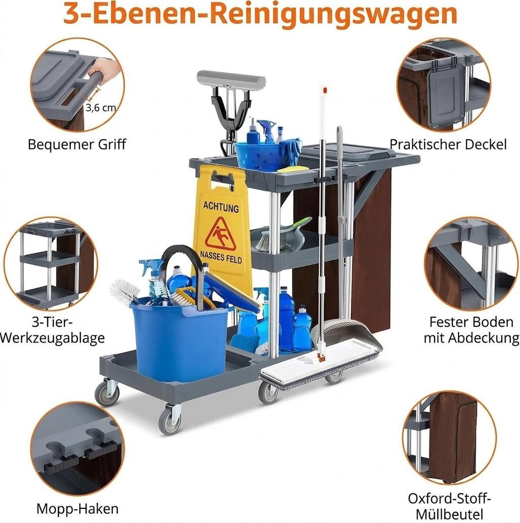 GarveeMore Putzwagen Reinigungswagen Servierwagen für Haushalte Hotels Designbis, Mit Rollen 6,Abdeckung Und Vliesbeutel Putzwagen 130x55x93.5cm