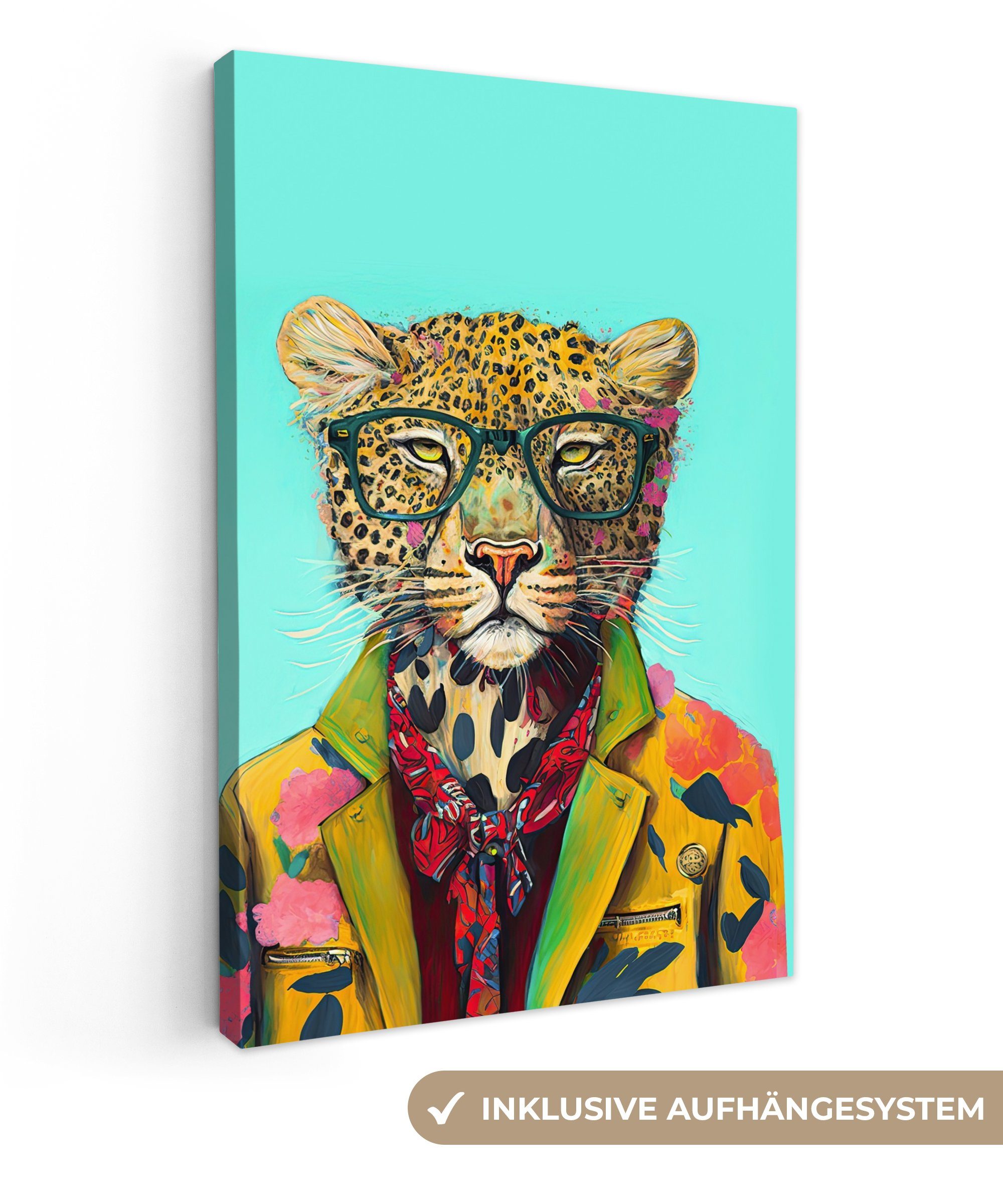 OneMillionCanvasses® Leinwandbild Tier - Brille - Leopard - Schleife - Design, Fotodruck (1 St), Leinwand Canvas Wandbild, Wanddekoration 20x30 cm