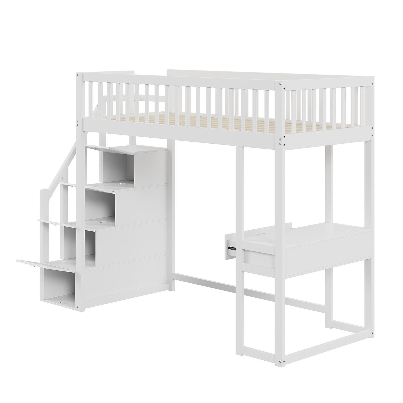 autolock Kinderbett Hochbett,Etagebett,Kinderbett,mit Multifunktionstisch, sicherer Aufbewahrungstreppe,Bettgestell aus massivem Kiefernholz
