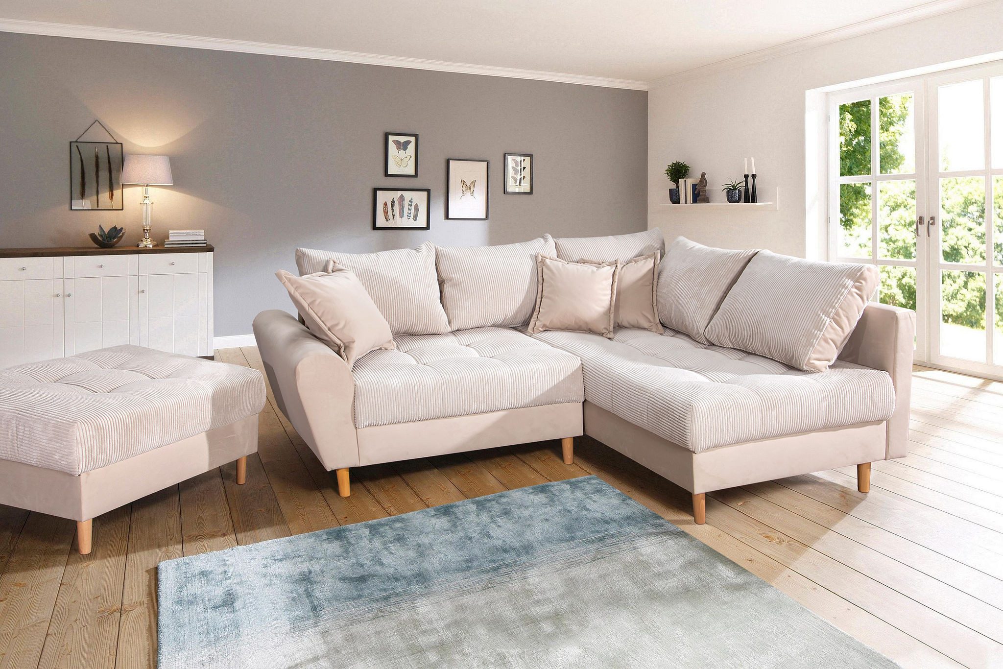 Home affaire Ecksofa Rice L-Form, B: 223 cm - OTTO. Verlässliche Qualität., Set: Sofa & Hocker, mit 3 Zierkissen, Federkern