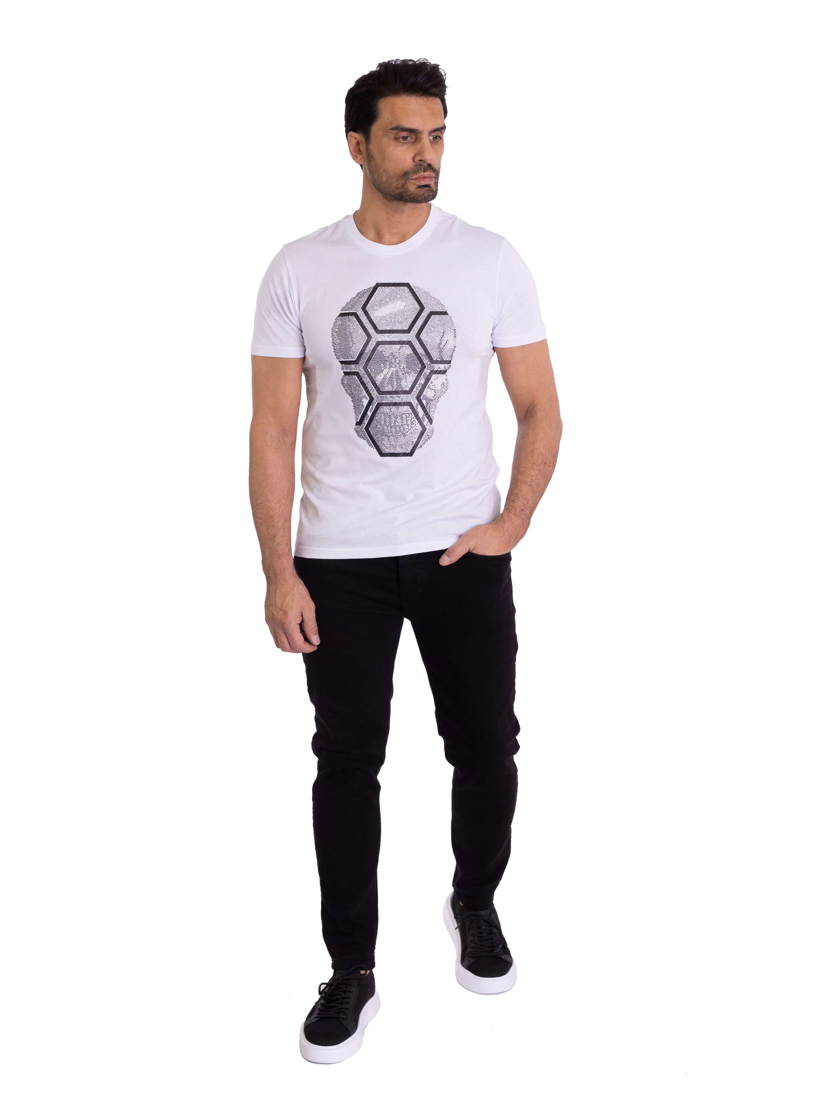 TRUENO T-Shirt Herren Strass Totenkopf T-Shirt Slim Fit Weiß M