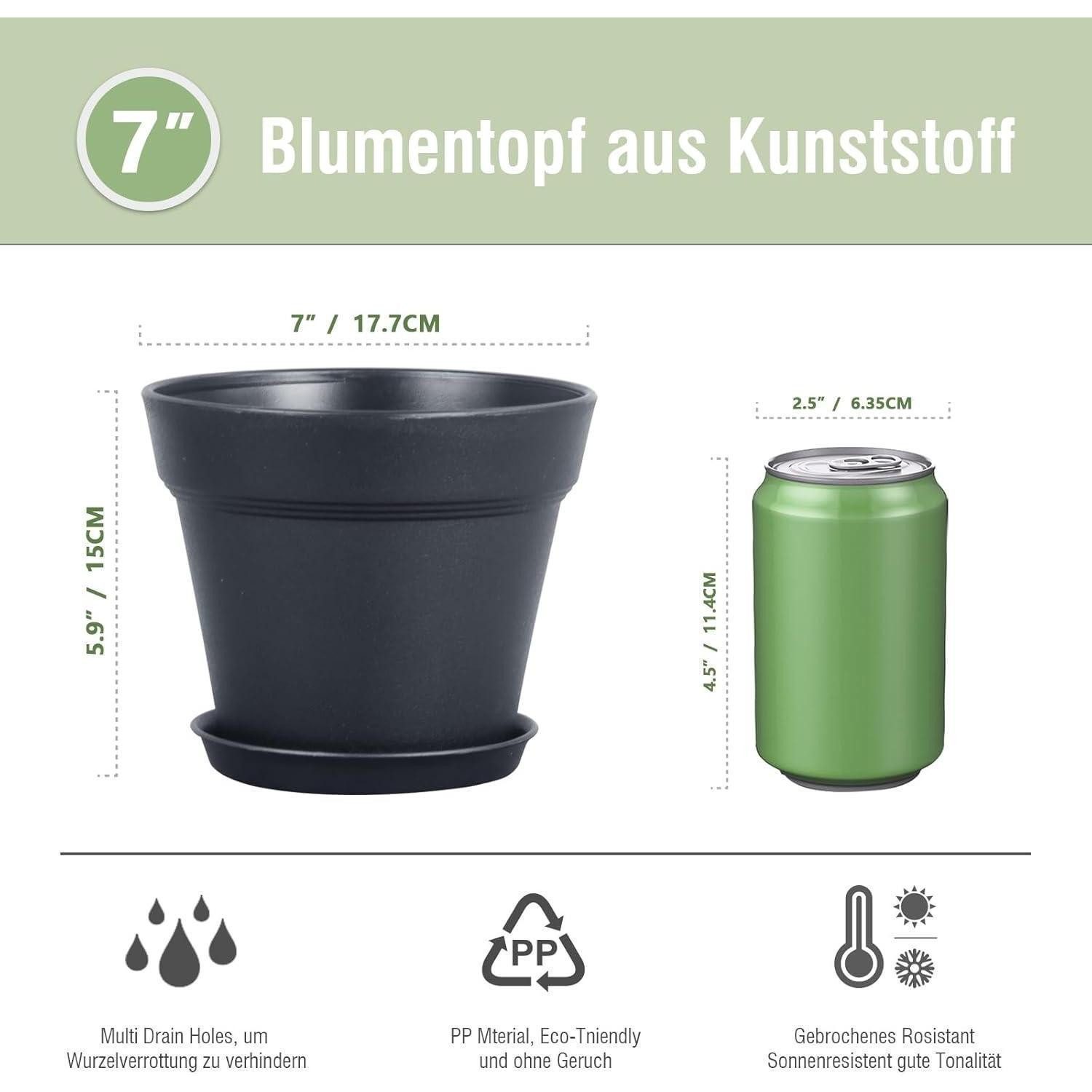 LuxusKollektion Blumentopf 6er Blumentöpfe Set Schwarz 17.8cm Pflanzentopf mit Untersetzer