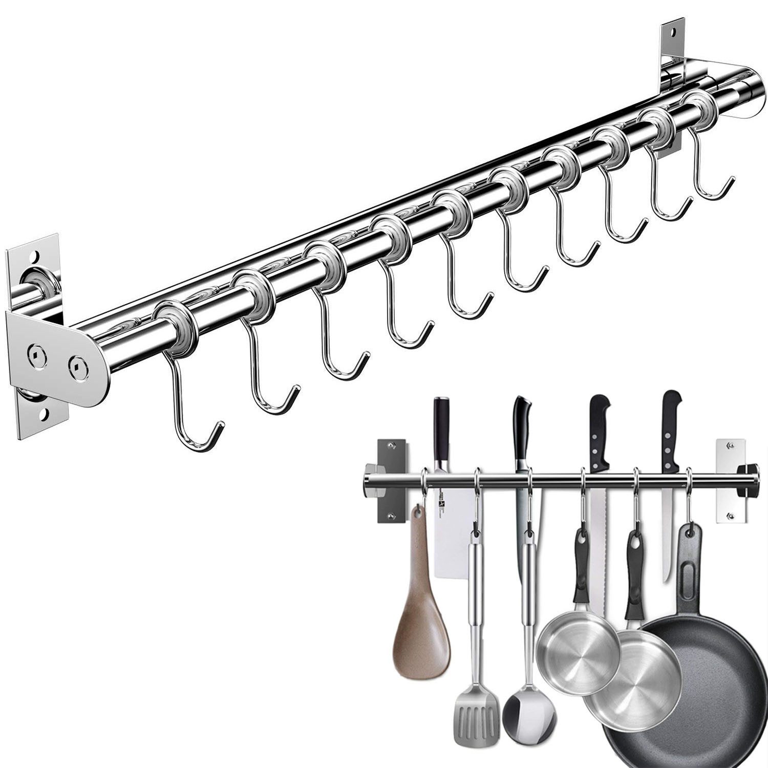 SURFOU Hakenleiste Küche Doppelte Edelstahlstange Küchenleiste mit 12 Haken &Messerhalter, (Hängeleiste Küchenreling, Edelstahl Doppelrohr, Küchenhakenleiste, Multifunktionale Hängeschiene mit Topfdeckel- & Messerhalter - 60 cm Topfi Topfdeckelhalter, Hakenleiste Küche Ohne Bohren, einfache Montage per Klebepad oder Schrauben, küche organizer), Tragfähig bis über 10 kg, Rostfrei und langlebig