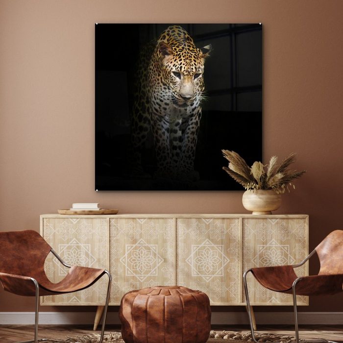 MuchoWow Acrylglasbild Leopard - Reflexion - Schwarz (1 St) Dekorative Bild für Küche &amp; Wohnzimmer auf Glas SY12513