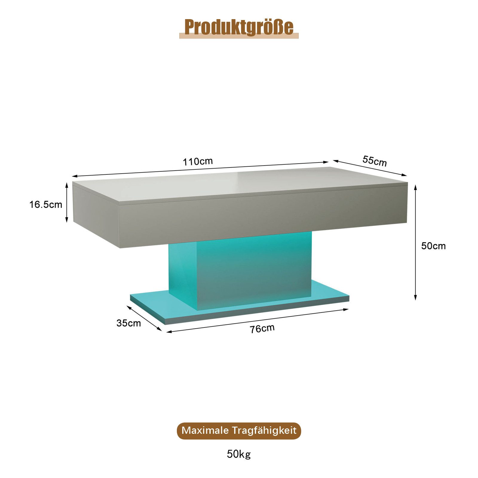 radelldar Couchtisch Wohnzimmertisch Hochglanz mit LED-Beleuchtung, Moderner Stil (1-St), Maße 110x55x50 cm, USB-Betrieb