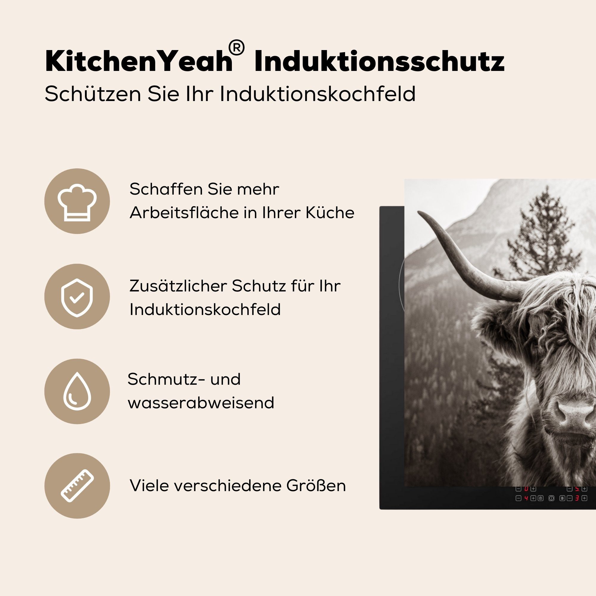 MuchoWow Herdblende-/Abdeckplatte Vinyl, Ceranfeldabdeckung für Schottischer Tiere küche, Weiß, 59x52 Highlander die tlg), Induktionsmatte cm, - - Schwarz - (1