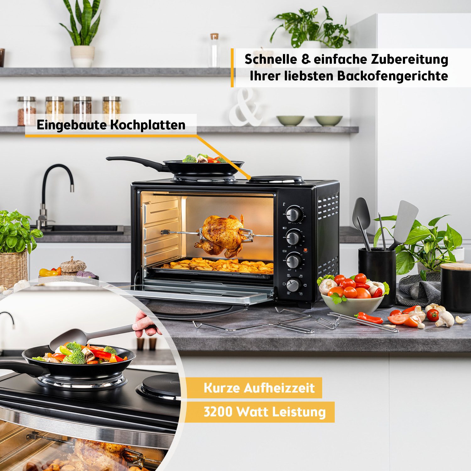 TZS FIRST AUSTRIA Minibackofen Pizzaofen mit Kochplatten, 30L, 3200W, Mini Backofen mit Umluft, max 230°C, Backblech, Drehspieß, Grillrost, Innenbeleuchtung – Bild 5 von 5