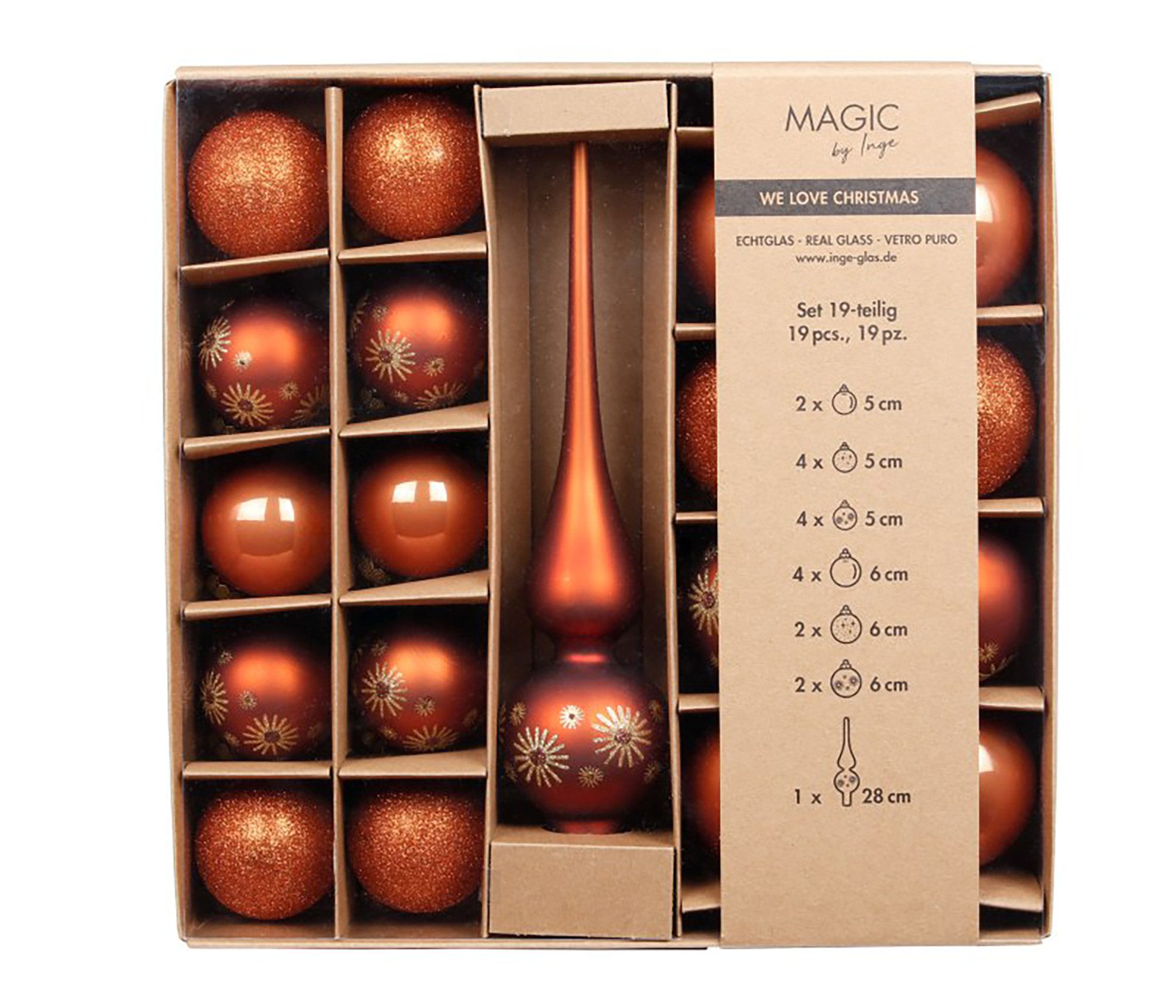 MAGIC by Inge Weihnachtsbaumkugel, Weihnachtskugeln Glas 5-6cm mit Spitze 19er Set - Warm Terracotta