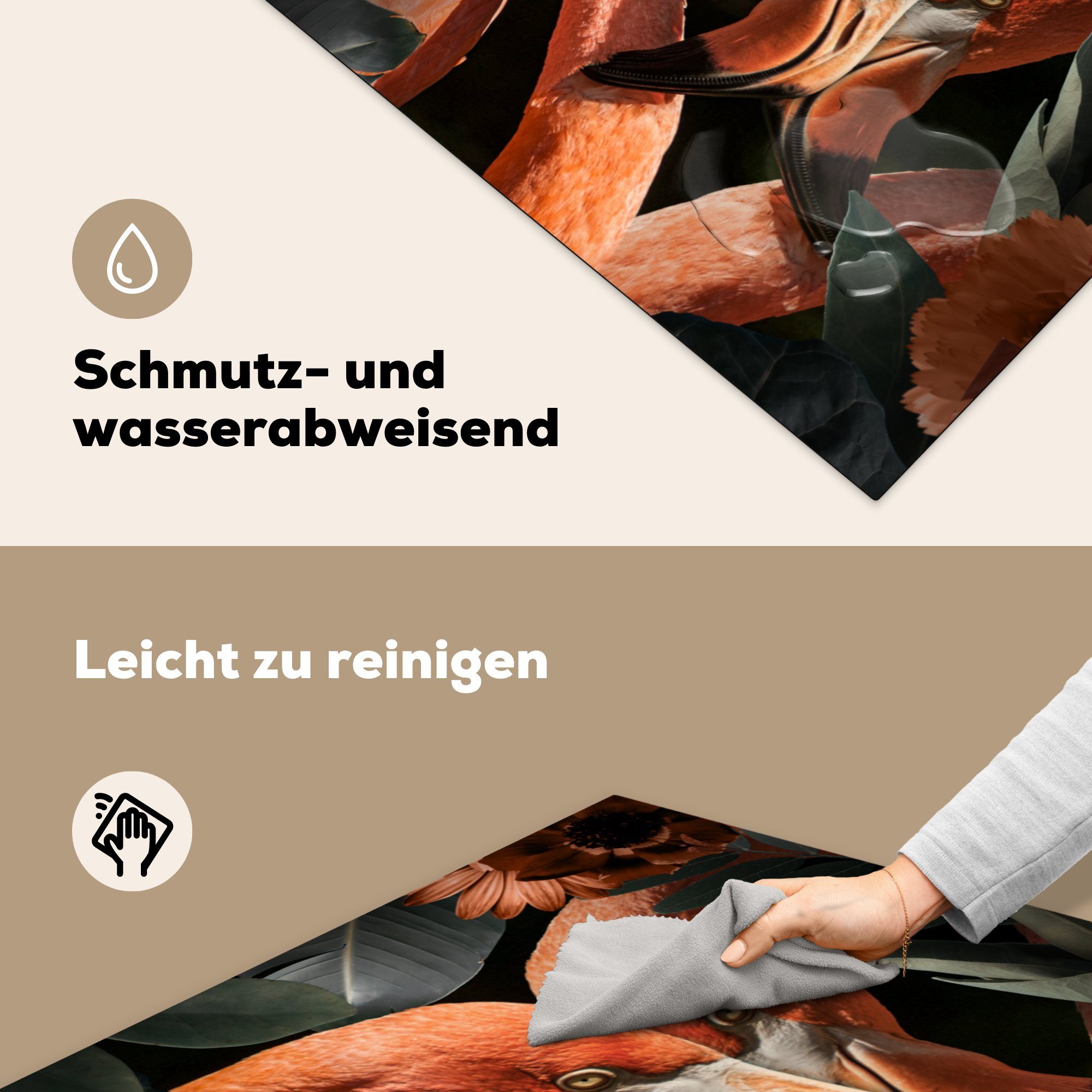 Ceranfeldabdeckung, tlg), Blätter MuchoWow cm, küche Flamingo Vinyl, 78x78 (1 - Blumen, Arbeitsplatte für Herdblende-/Abdeckplatte -