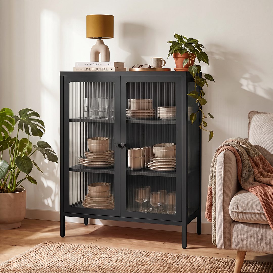 skølm Highboard Norns Vitrinenschrank mit Glastüren (schwarz, bis 80 kg belastbar, kratzfest), Metallkommode mit verstellbaren Fächern, Sideboard 100x38x80 cm