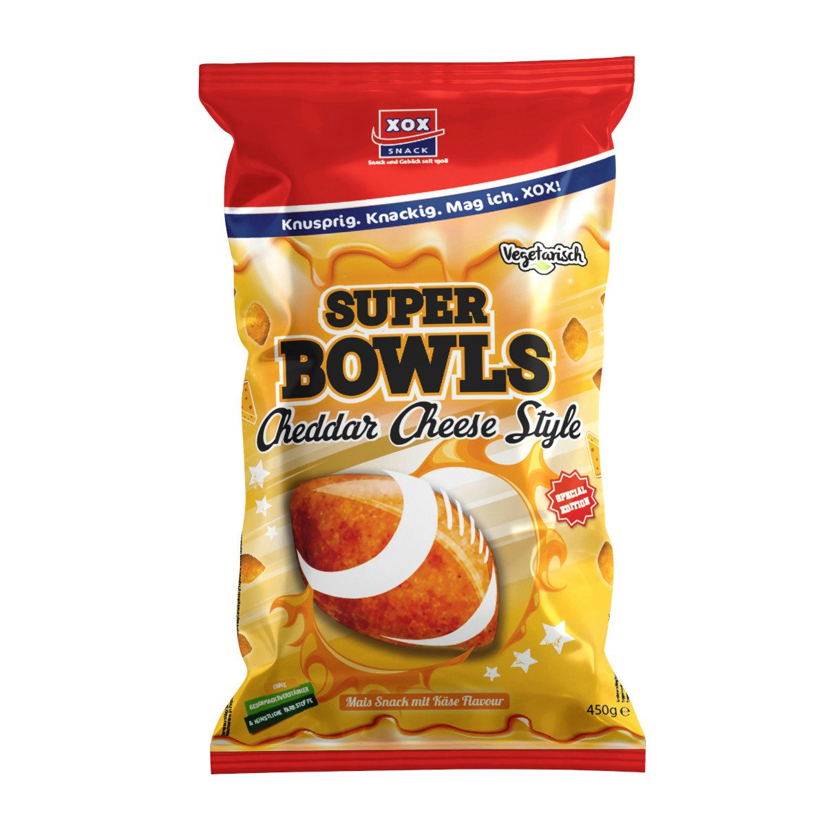 XOX Knabberei, XOX Super Bowls Cheddar Cheese Maissnack mit Käsegeschmack 450g