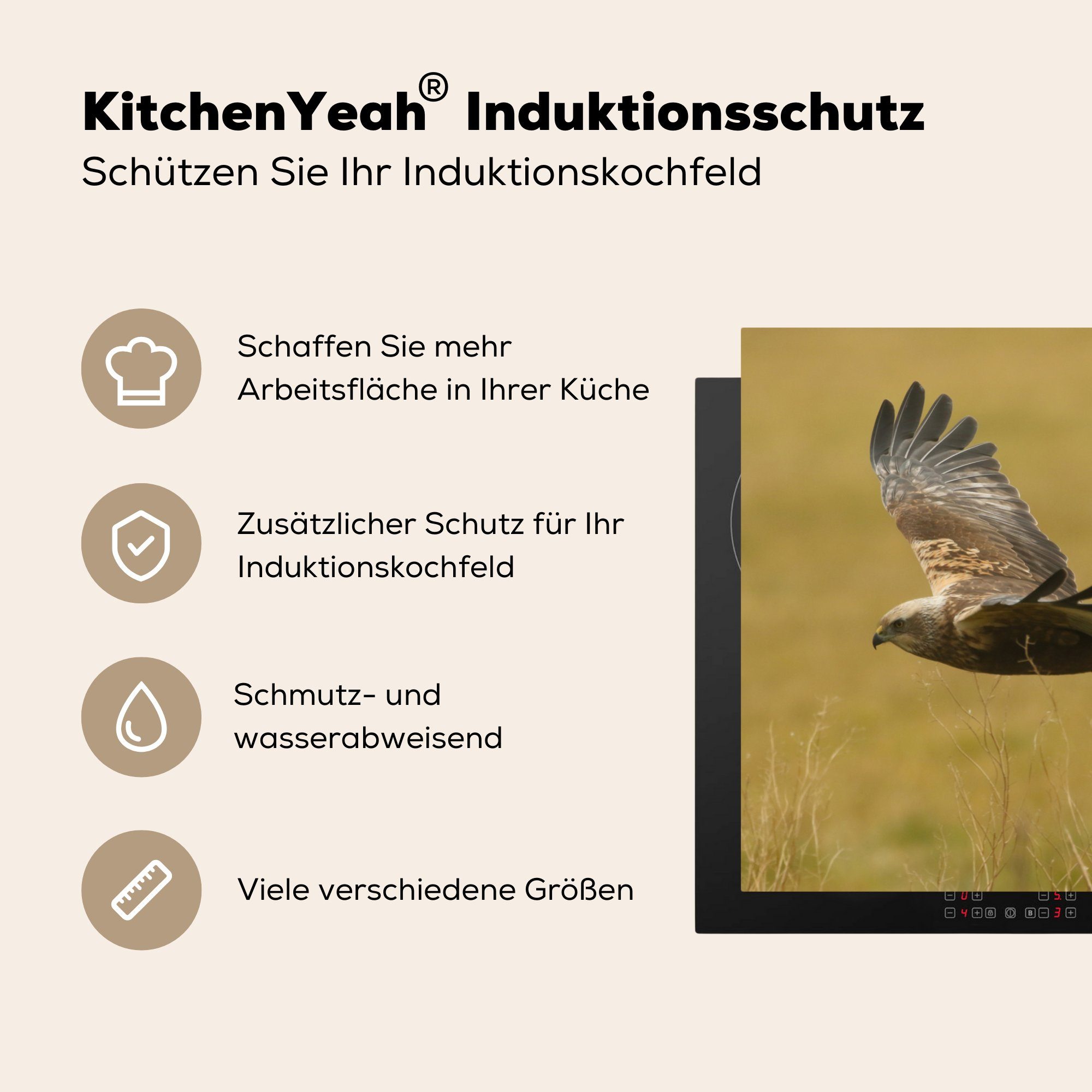 MuchoWow Herdblende-/Abdeckplatte Harrier - Vinyl, Gras Ceranfeldabdeckung, - 78x78 tlg), (1 cm, Arbeitsplatte für Flügel, küche