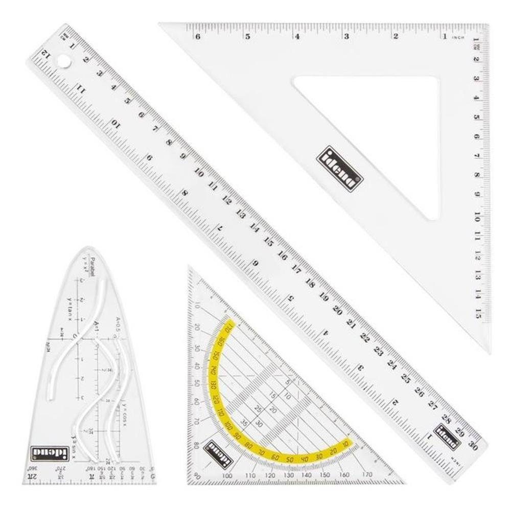 Idena Geodreieck Geometrie-Set 4-teilig, mit Lineal, Geodreieck, Zeichendreieck, Parabel