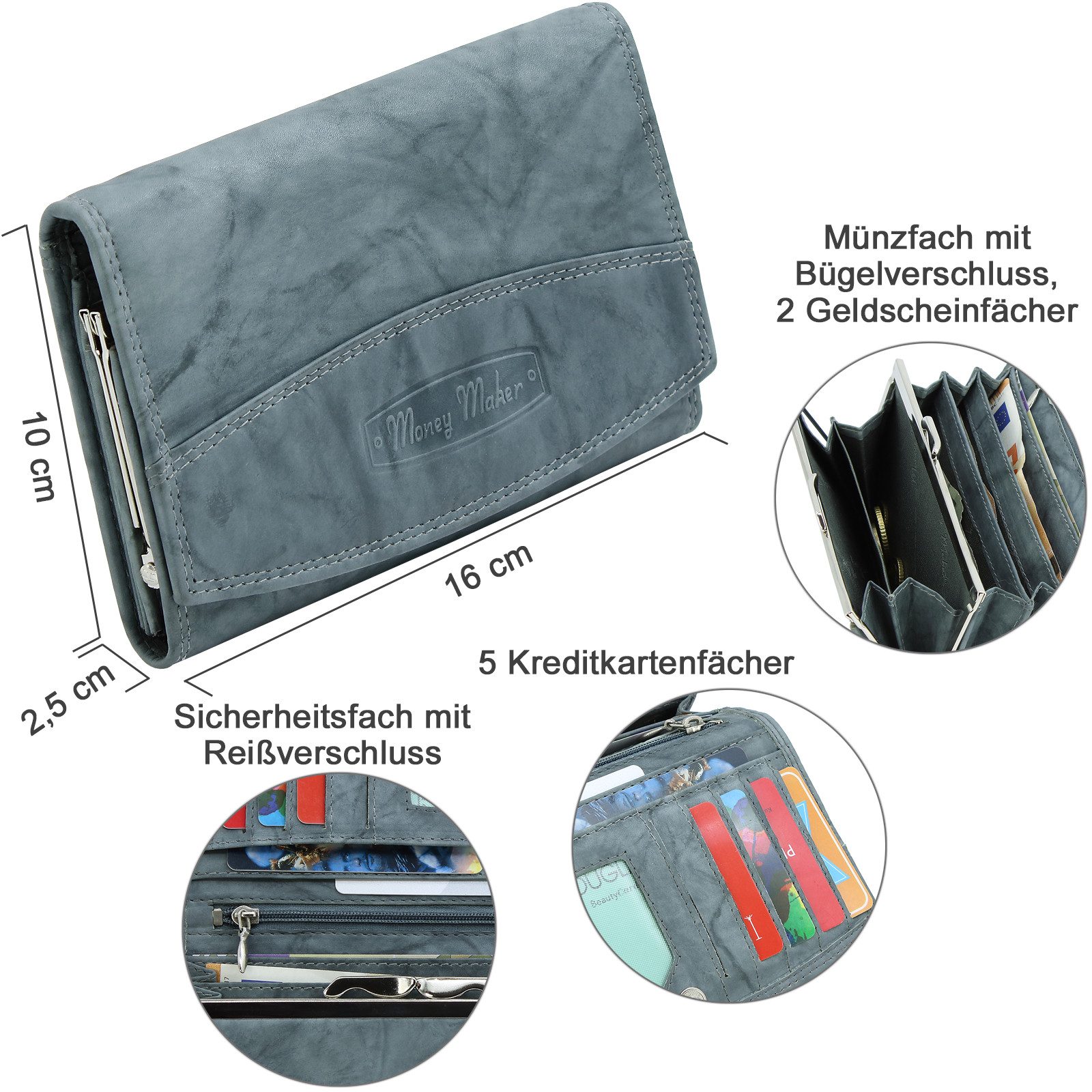 Money Maker Geldbörse - Damen Leder Portemonnaie - Geldbeutel mit vielen Fächern, Logoprägung