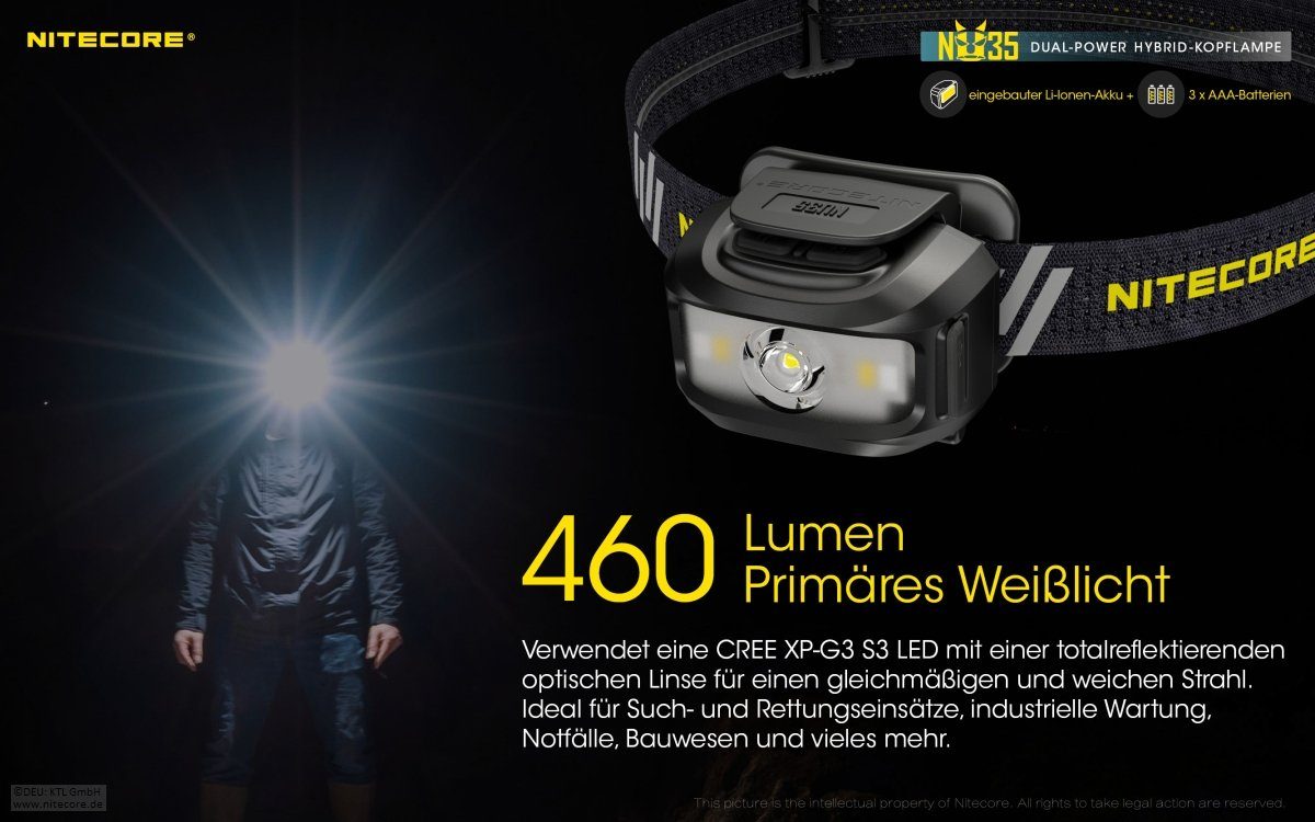 (1-St) IP66 NU35 Hybrid - Dual - LED Nitecore 460 LED Taschenlampe LED Lumen Stirnlampe - Power