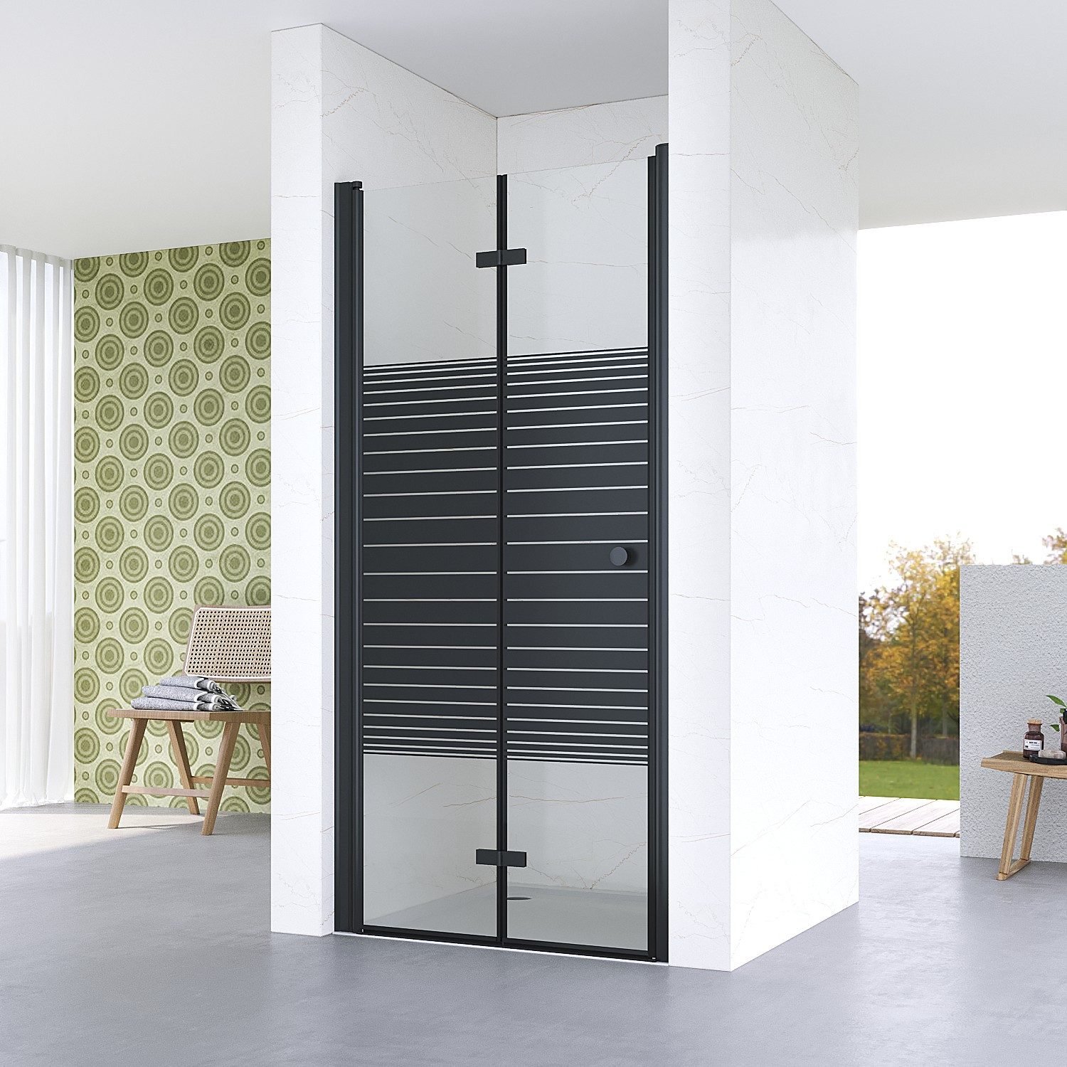 AQUALAVOS Dusch-Falttür Nischenduschtür mit platzsparender Falttür Schwarz matt Streifendekor, 70x187 cm, 5 mm ESG Sicherheitsglas nach DIN EN 12150, 15 mm Wandausgleich Aluminiumprofile Beidseitig öffnend Barrierefrei