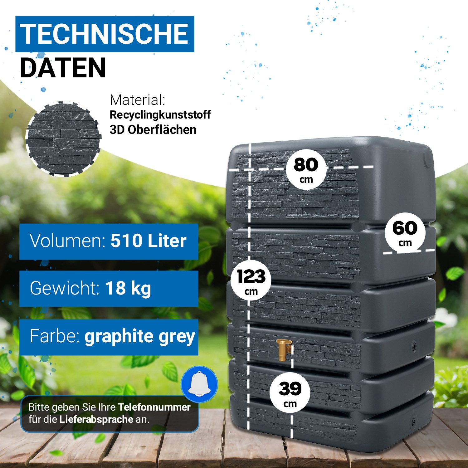4rain Regentonne SLIM STONE DECOR Mauertank 510 Liter graphite grey, 510 l – Bild 3 von 5